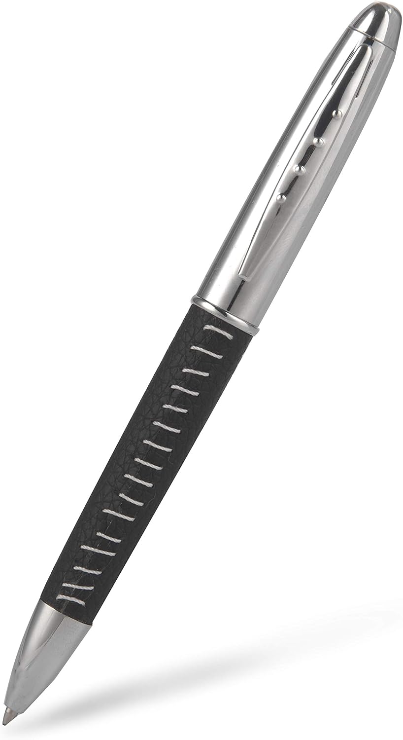 Zutan Luxury Ballpoint Pen – Silver Gift Pen With Black Leather Body And Hand Stitched Sewing