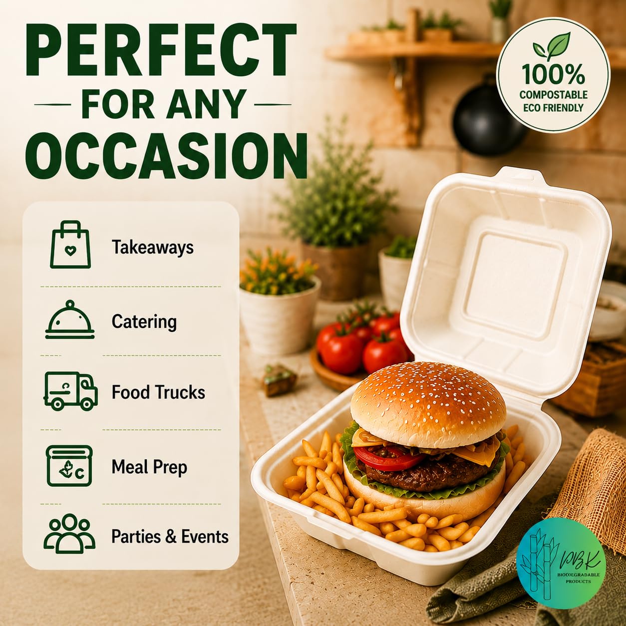 PBK - Paquete de 50 cajas de hamburguesas de bagazo (6 x 6 pulgadas), 450 ml, biodegradables, compostables y desechables para llevar (6 x 6 pulgadas, paquete de 50 unidades)