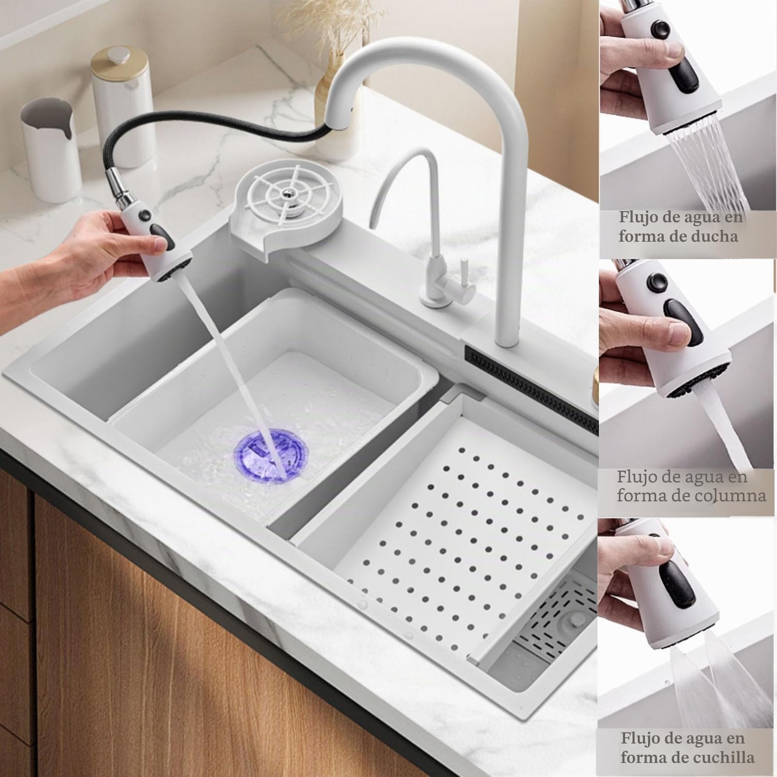 Fregadero de cocina blanco Fregadero de acero inoxidable Fregadero para el hogar Fregadero de cocina de una estación de trabajo con grifo extraíble y varios accesorios (Blanco,68 * 45 * 22CM)