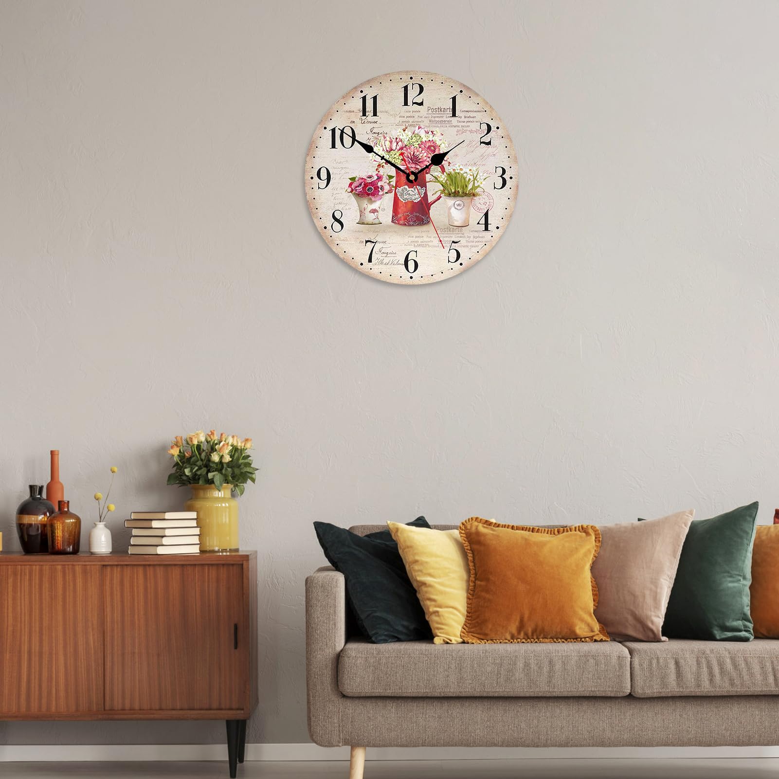 TAHEAT 30 cm Pendule Murale Vintage Fleurs Plantes Horloge Silencieuse Bois