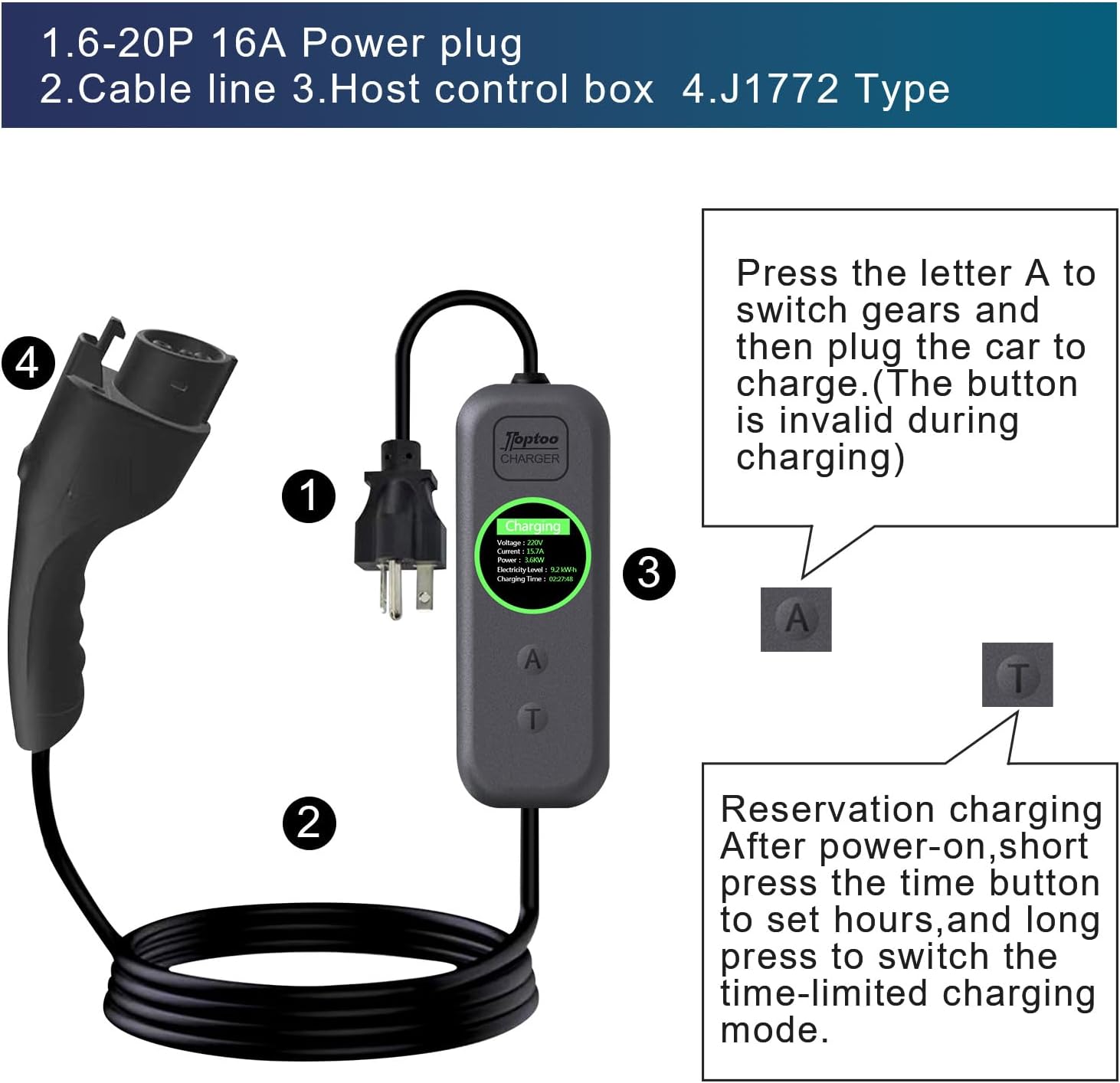1+2 EV Charger Level Portable Electric Car Charger 6-20P 16A Power Plug 3.5KW 110V-240V for J1772 Electric Cars (Applicable to Household Electricity)
