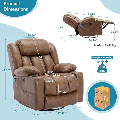 Miniatura 2 de OUINCH Silla reclinable manual giratoria de 360 grados con masaje y calor, puertos USB, bolsillos laterales y portavasos (marrón)