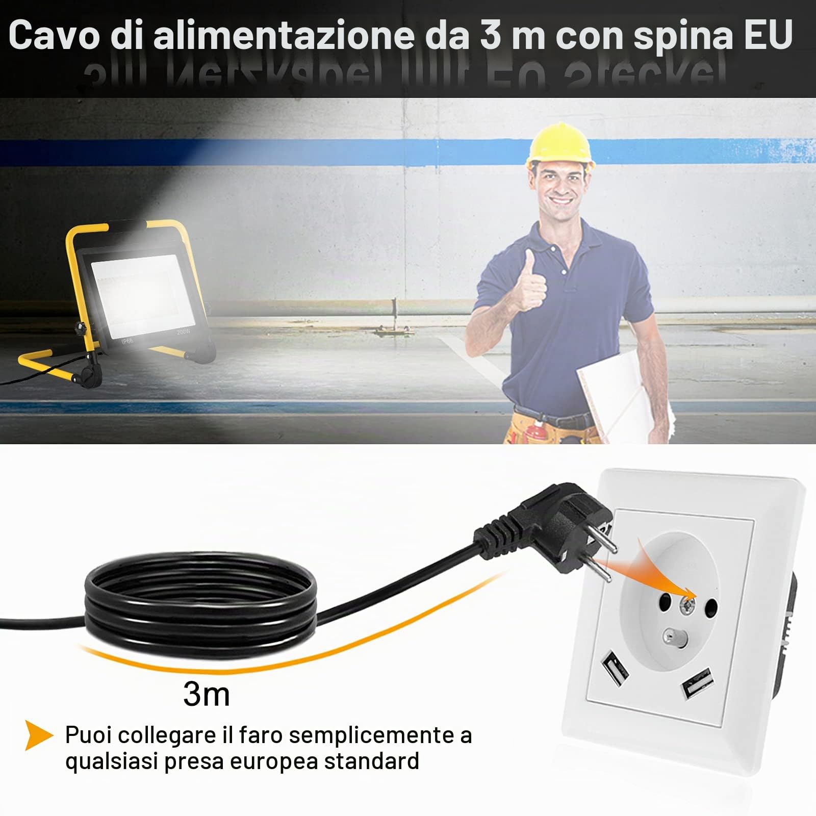 UISEBRT Faro da Lavoro a LED 200W Bianco Caldo faretto da cantiere incluso cavo di alimentazione Proiettore a LED Luce da lavoro impermeabile IP66 per garage, giardino, cantiere