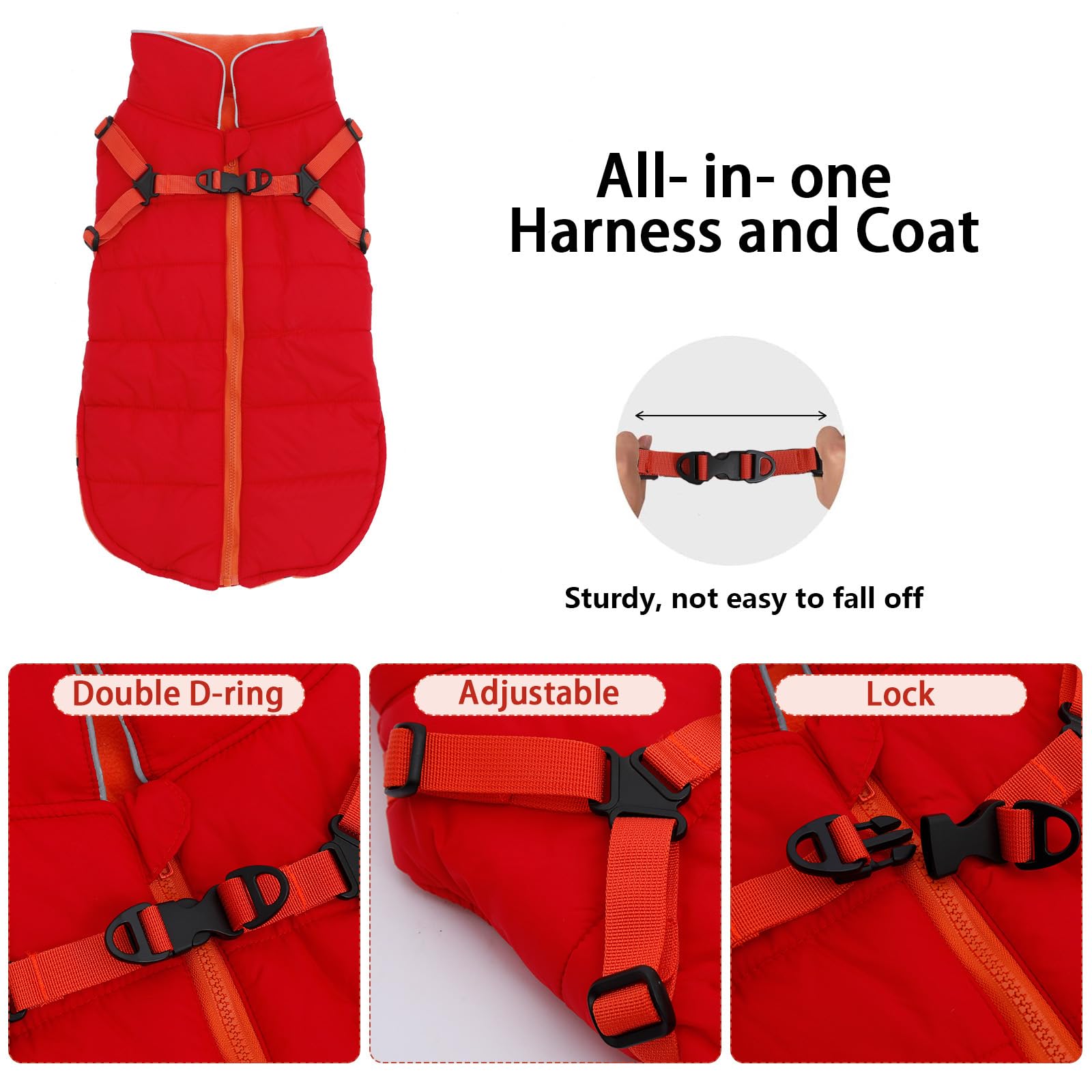 babepet Waterproof Dog Coat with Harness,Warm Dog Winter Jacket with Fleece Lining,Reflective Vest Pet Clothes with Adjustable Chest Strap-Red-M - Image 3