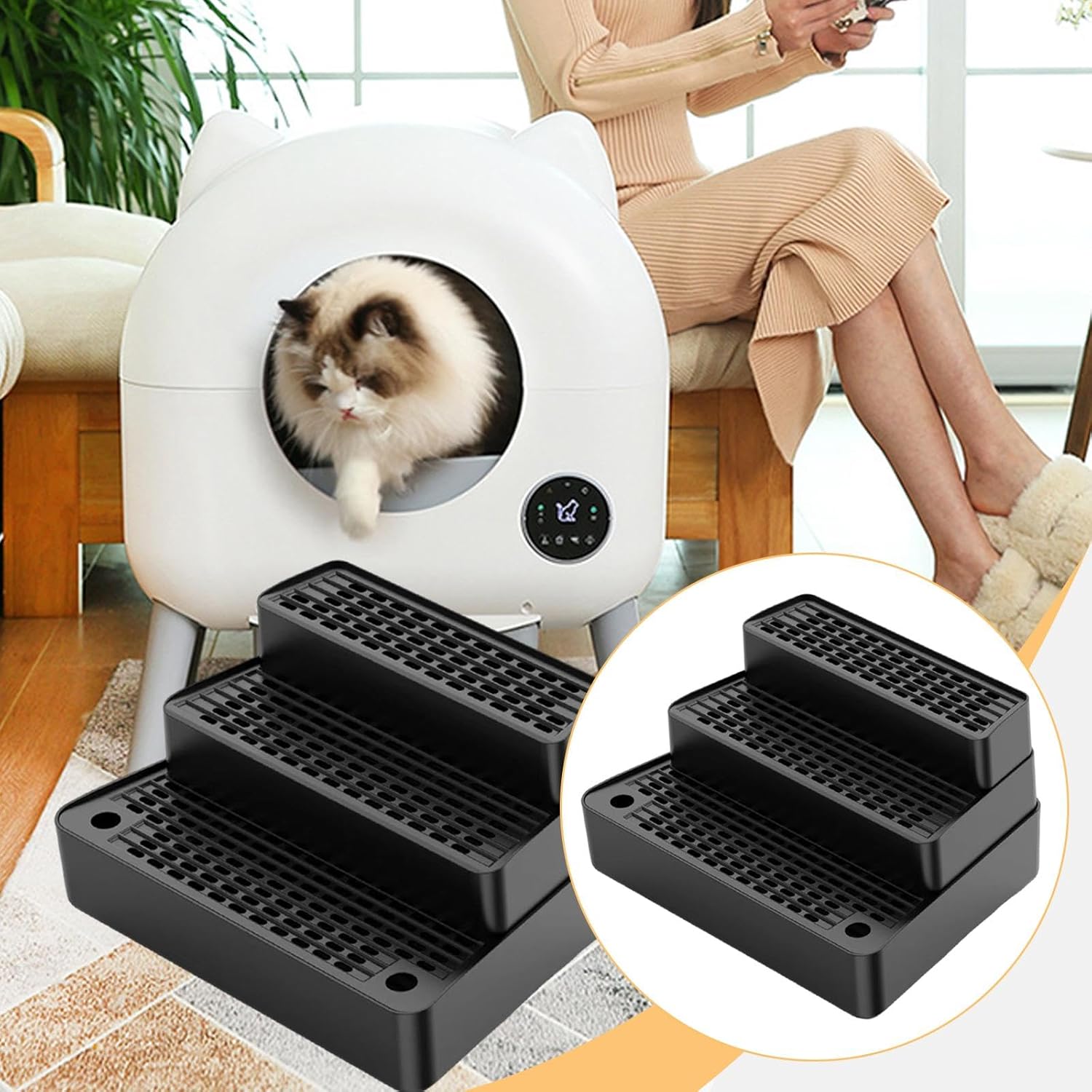 Ramp for Automatic Cat Litter Litter Stair Washable Pad Removable with Footboard 3 Steps for Small Cats Indoor, Black