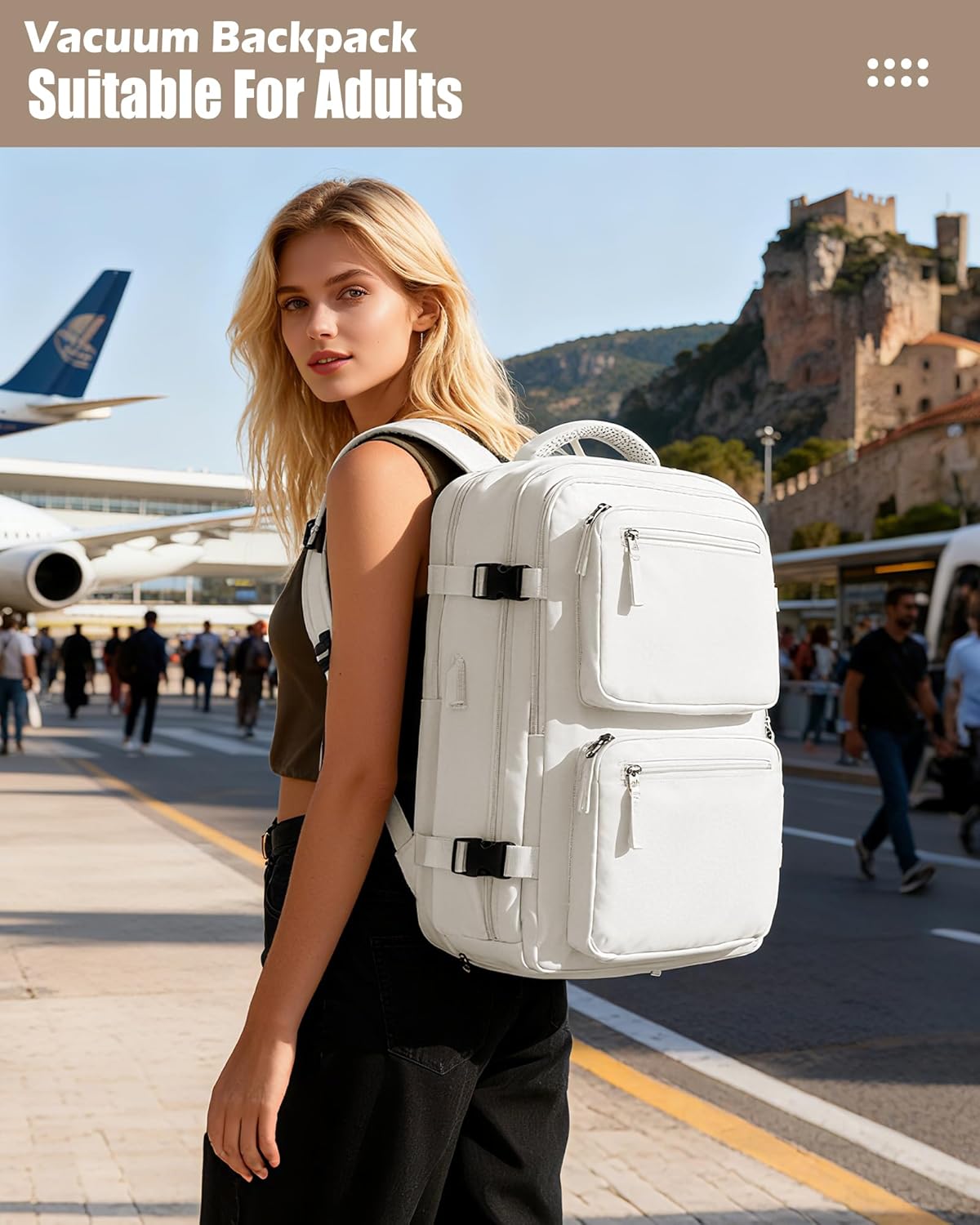 Vacuum Travel Backpack with Vacuum System Air Vacpack Vacuum Seal Compression Backpack with Air Pump Flight Approved Carry on Compression Daypack Space Saver Bags Personal Item Bags Grey White