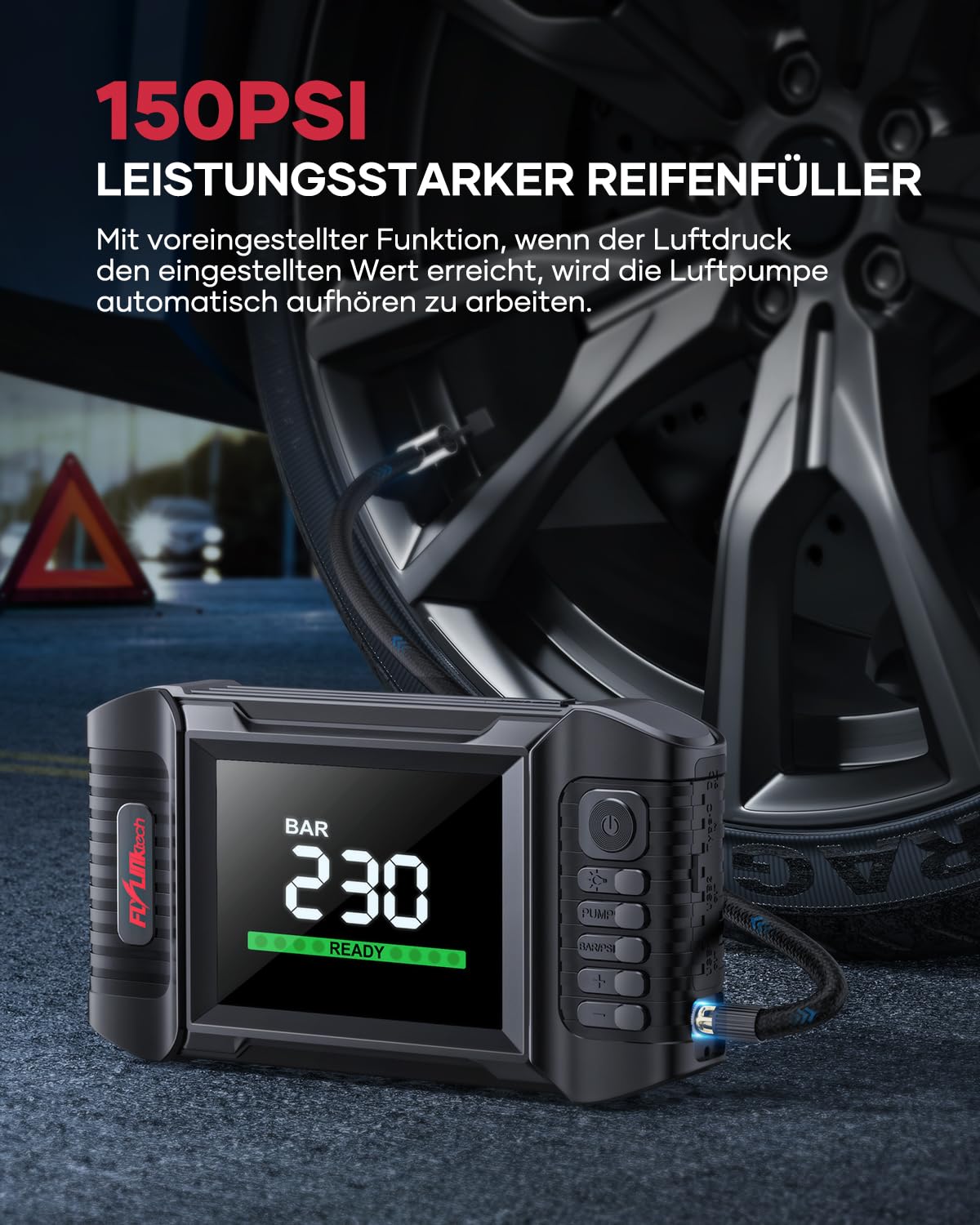 FLYLINKTECH Starthilfe Powerbank mit Kompressor, 150PSI 7000A Spitzenstrom Starter Powerbank für Alle Benzinmotor oder 10,0L Dieselmotoren,Auto Starthilfe mit LED Bildschirm und LED-Taschenlampe