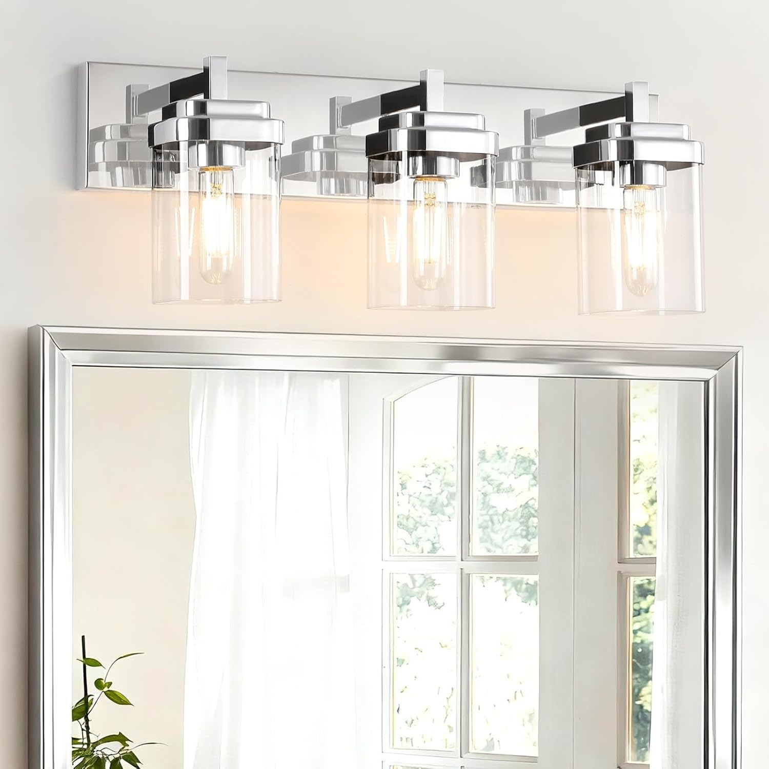 Vanity Light Fixture,3-Light Vanity Light for Bathroom,Chrome Bathroom Vanity Lighting Over Mirror with Square Clear Glass Shade for Restroom Chrome 3-Light