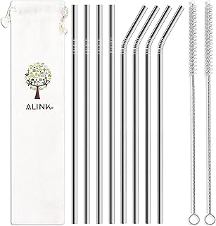 ALINK 8-Pack Stainless Steel Straws, 10.5” Long Reusable Replacement Metal Straws for 20 30 OZ Yeti Tumbler, RTIC, Tervis, Mason Jar, With 2 Cleaning Brush and 1 Carrying Case