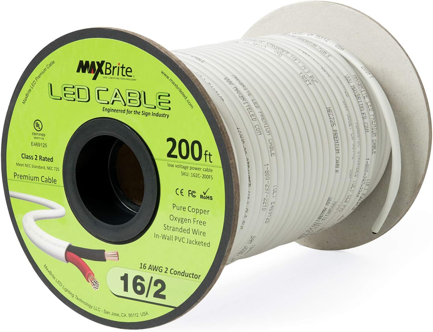 200 ft. 16AWG Low Voltage LED Cable 2 Conductor Jacketed in-Wall Speaker Wire UL Class 2 Certified