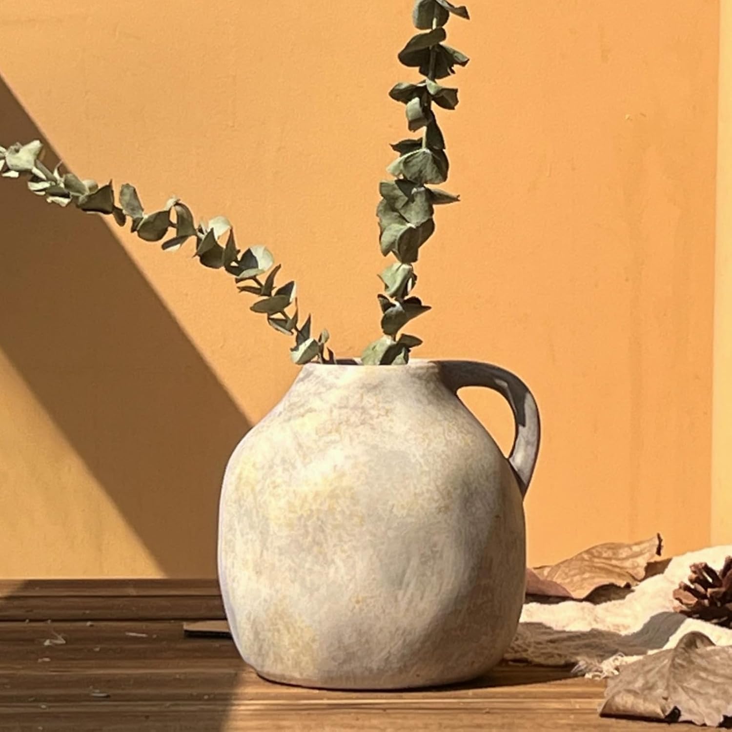 Rustic Ceramic Vase with Handle, Handmade Vintage Pottery for Home Decor, White Gray Farmhouse Flower Vase for Living Room, Wedding, Kitchen Centerpiece - 5.6 Inch