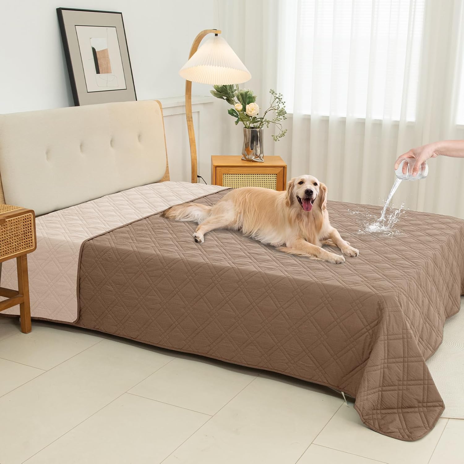 100% Waterproof Dog Couch Protector, Triple-Layer Dog Bed Cover Pet Blanket Reversible 2-Tone Sofa Shield, Non-Slip Furniture Guard for Pets (82×92 Inch, Taupe+Apricot)