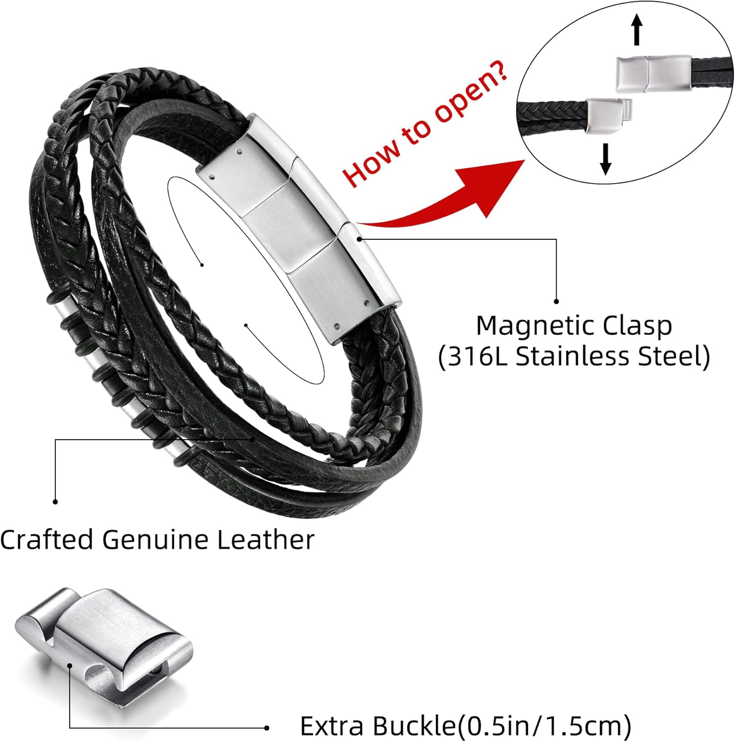 LUCKY2+7 Leather Bracelet for Men with Adjustable Stainless Steel Magnetic Clasp Multi-Layer Braided Mens Genuine Leather BraceletLeather Bracelet for Men - Image 2