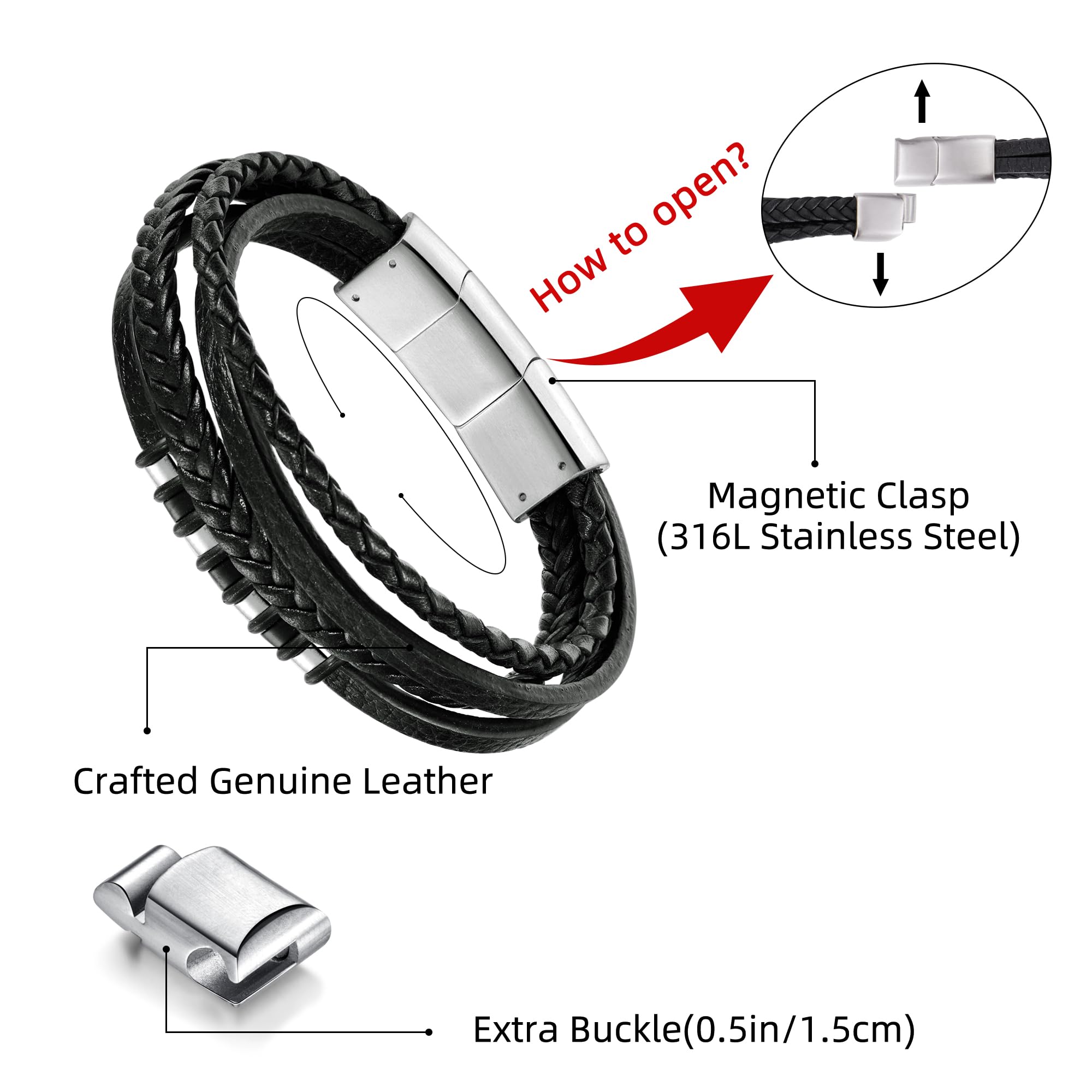 Leather Bracelet for Men with Adjustable Stainless Steel Magnetic Clasp Multi-Layer Braided Mens Genuine Leather BraceletLeather Bracelet for Men