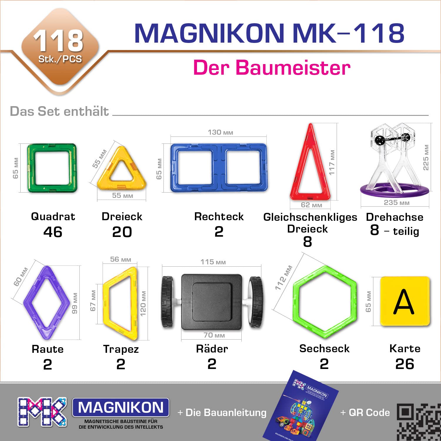 MAGNIKON Magnetbausteine, 118 Teile, Magnetische Bausteine, Bauklötze | Magnetsteine, Bausteine ab 3 Jahre, Fahrzeuge, Magnet Auto Spielzeug, Magnete für Kinder, Baukasten, Konstruktionsspielzeug