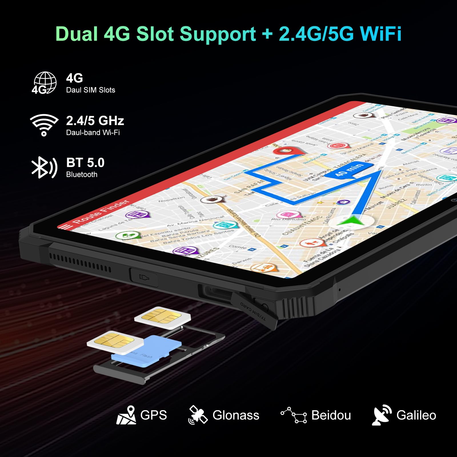 Tablet resistente de 2.4k 10.36 pulgadas, Android 14 22000mAh Octa-core Tablet, 24GB (8+16) RAM+256GB ROM+1TB Expand, 48MP+16MP Cámara impermeable, 4G LTE/5G WiFi, BT 5.0/OTG/GPS-Negro 8