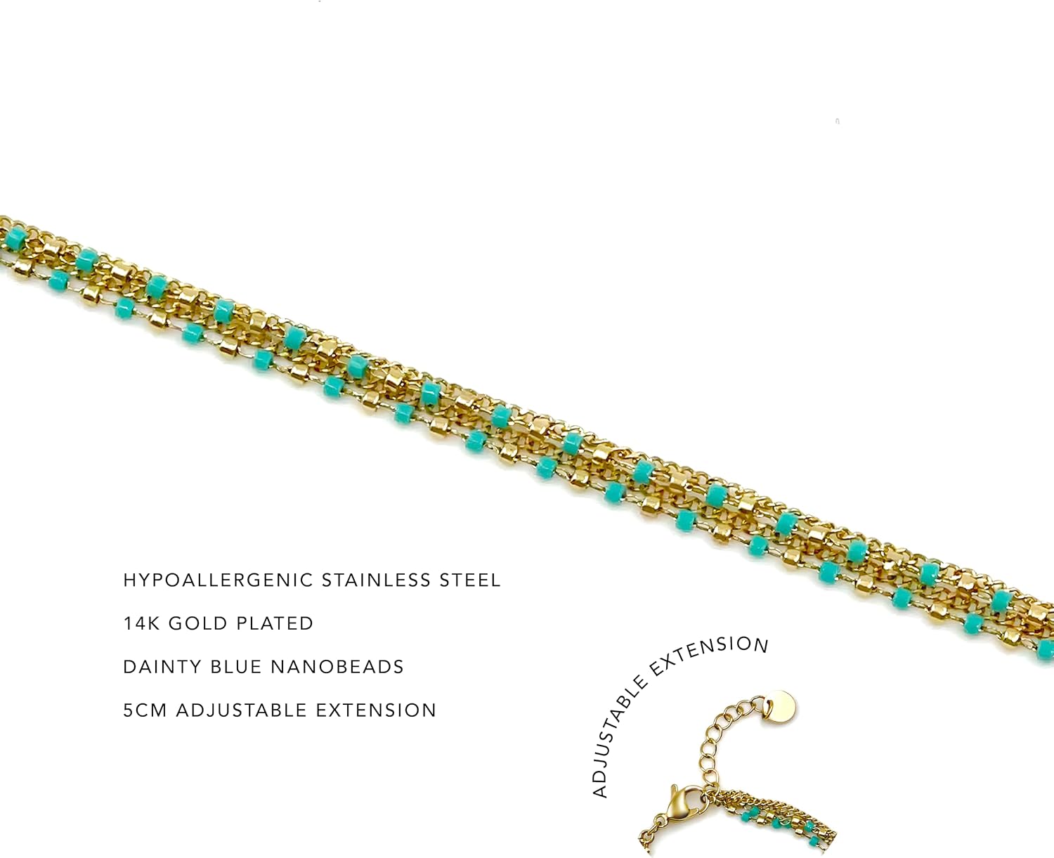 14K Gold Plated Surgical Hypoallergenic Stainless Steel Bohemian Dainty Turquoise Nanobeads Necklace for Women