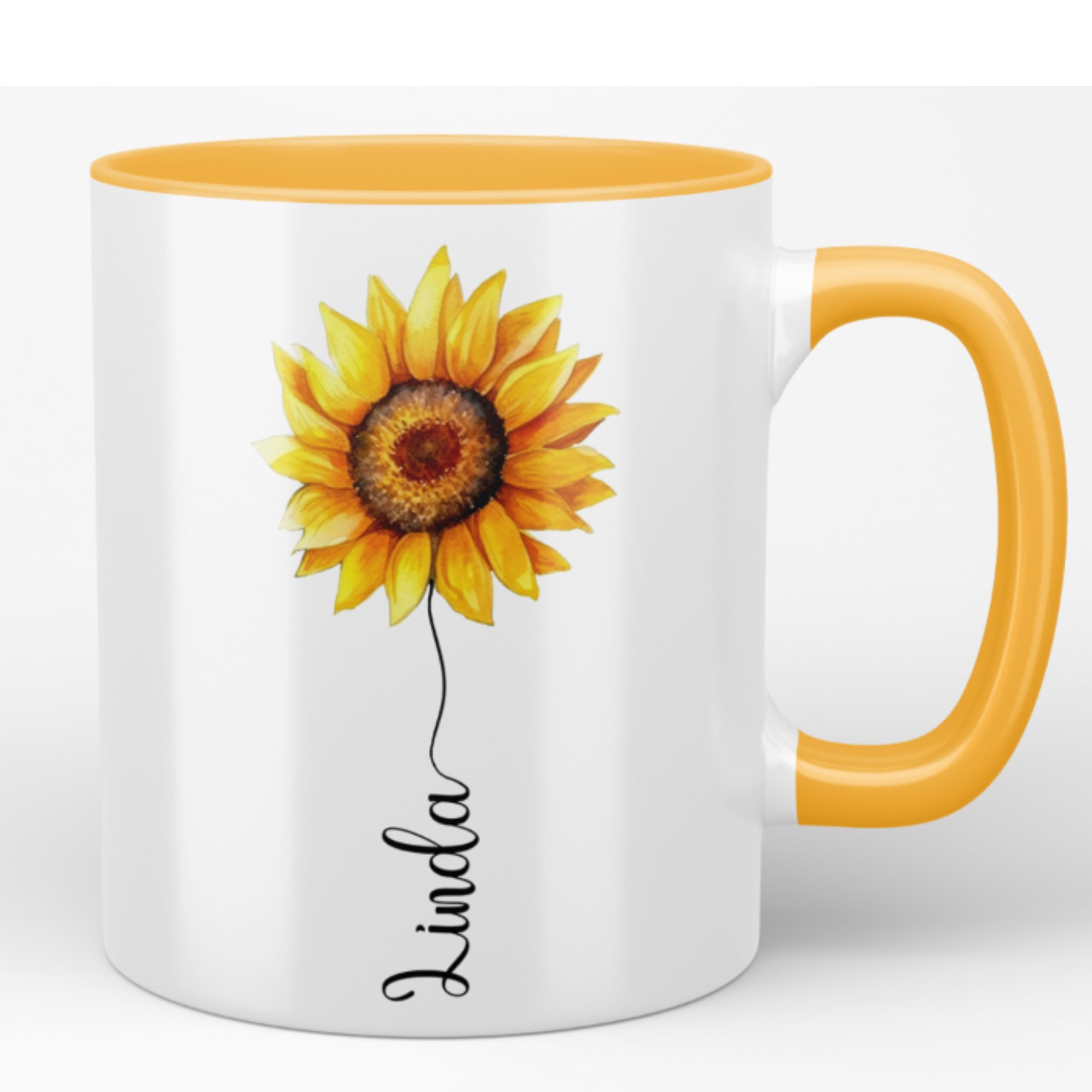 Personalised Sunflower Name Mug - Pretty Flower Gift - 11oz Ceramic Coffee Cup (Golden Yellow Mug)