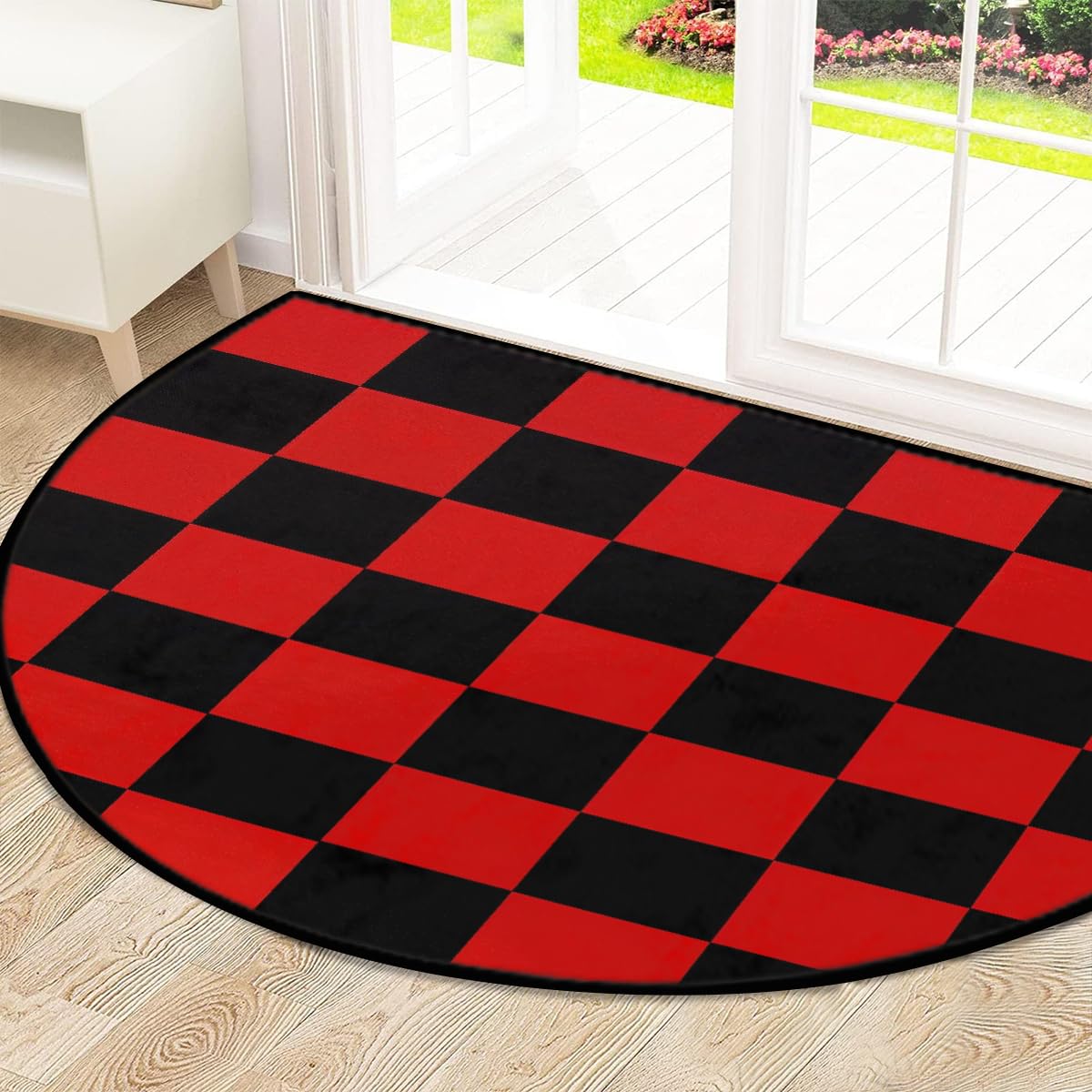 Mexpekil Paillasson demi-lune à carreaux noirs et rouges pour intérieur et extérieur - Demi cercle - Absorbant la saleté - 100 x 160 cm