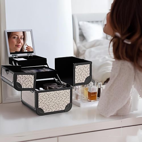 Vista 7 de BYOOTIQUE estuche rodante para maquillaje 4 en 1, con cerradura, maletín tipo trolley para cosméticos, con 4 ruedas extraíbles, organizador de viaje