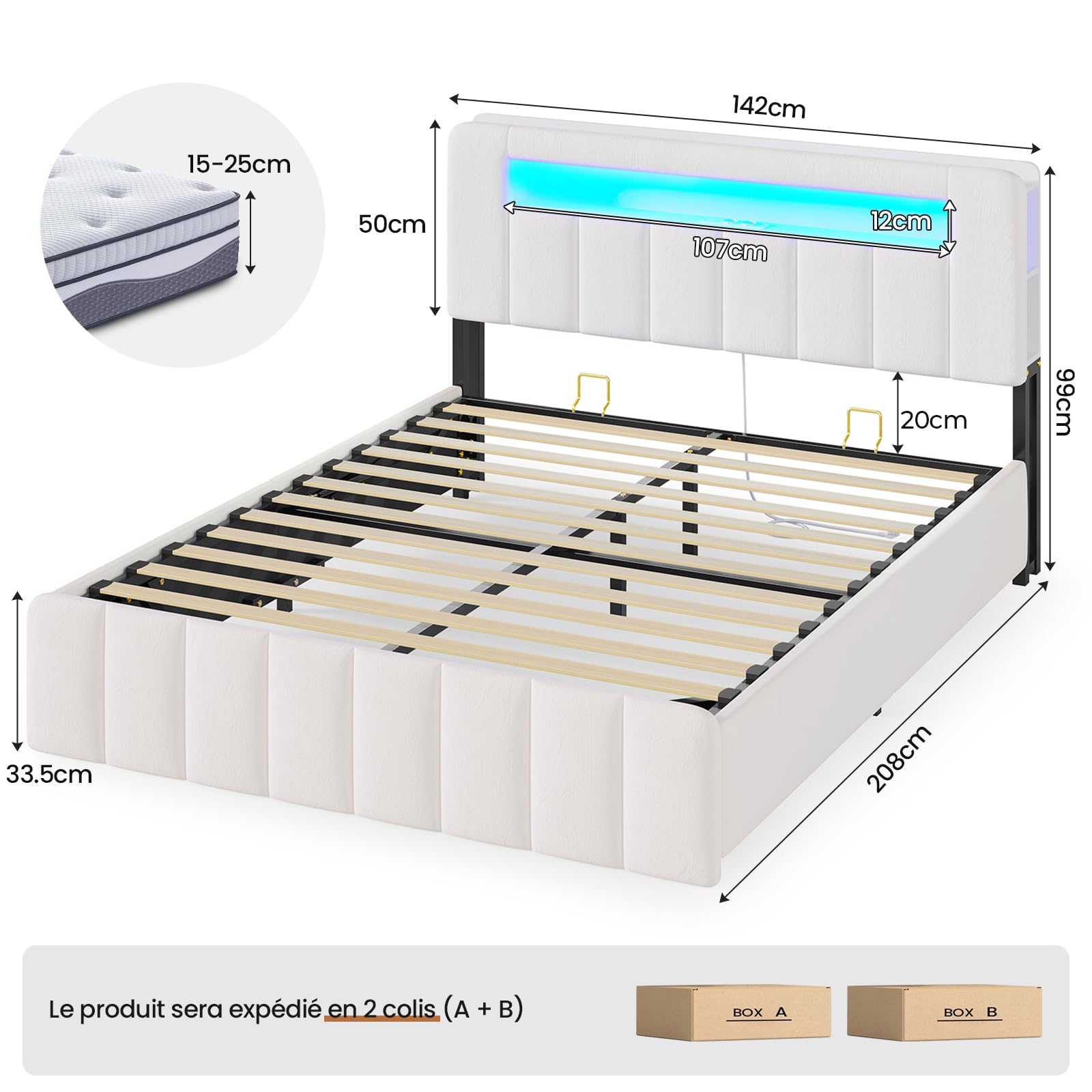 AOGLLATI Lit Coffre 140x190 avec Multiprise Intégrée | Lit 140x190 avec Sommier,Rangement Hydraulique,Éclairage LED,Capitonné en Velours Beige,2 Étagères, 4 Niches Ouvertes