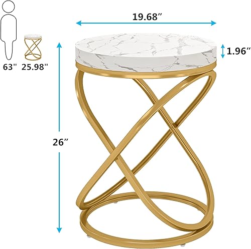 Miniatura 3 de Juego de 2 mesas auxiliares redondas de mármol sintético blanco con marco de metal dorado, mesas decorativas modernas de mediados de siglo para sala