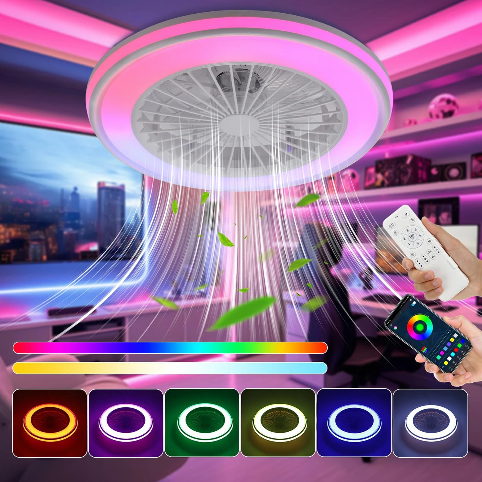 Ø50CM RGB Lampada Ventilatore Soffitto con Telecomando per Soggiorno | LED Lampadario Ventilatore con Altoparlante Bluetooth 6 Velocità Reversibile Dimmerabile Timer APP per Camera da Letto