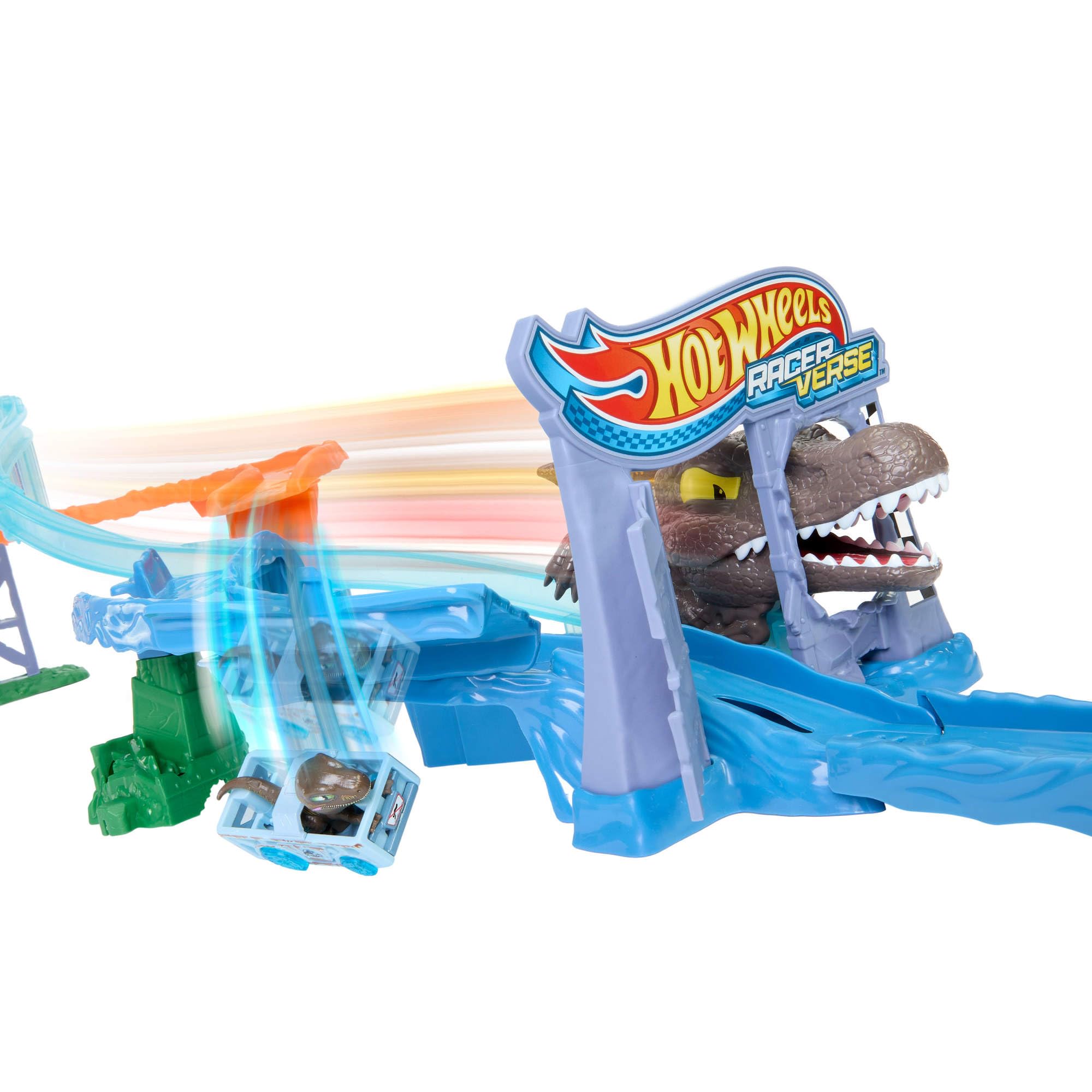 Hot Wheels RacerVerse Jurassic World Pista Scontri e Tuffi, playset con veicolo velociraptor die-cast, gara di dinosauri con spinosauro, JFP32
