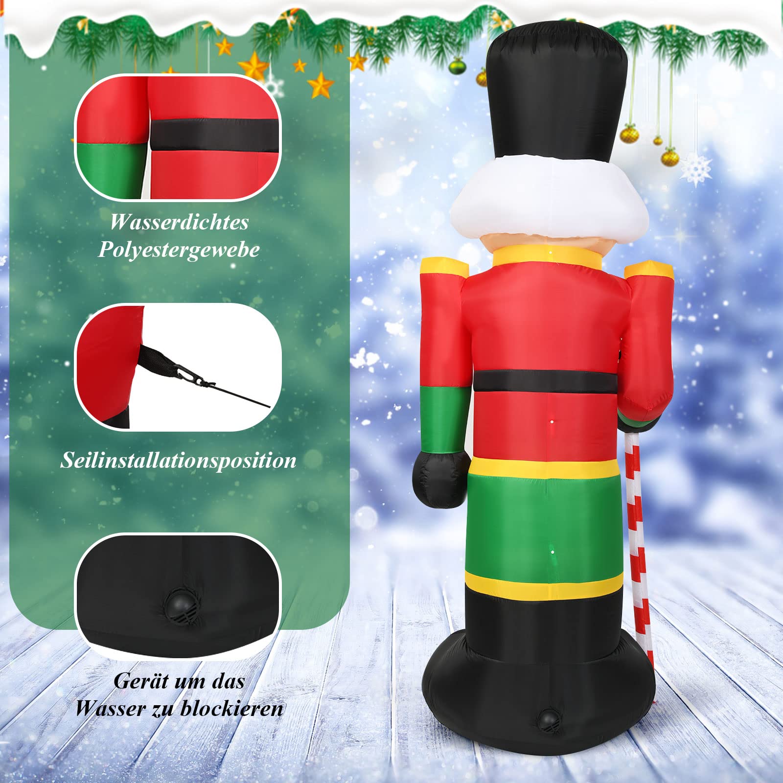 GOPLUS 240 cm Nussknacker Soldat, Aufblasbare Weihnachtsfigur, Weihnachtsdeko mit LED-Beleuchtung, mit Eingebautem Gebläse, mit Befestigungsmaterial, für Innen- & Außenbereich
