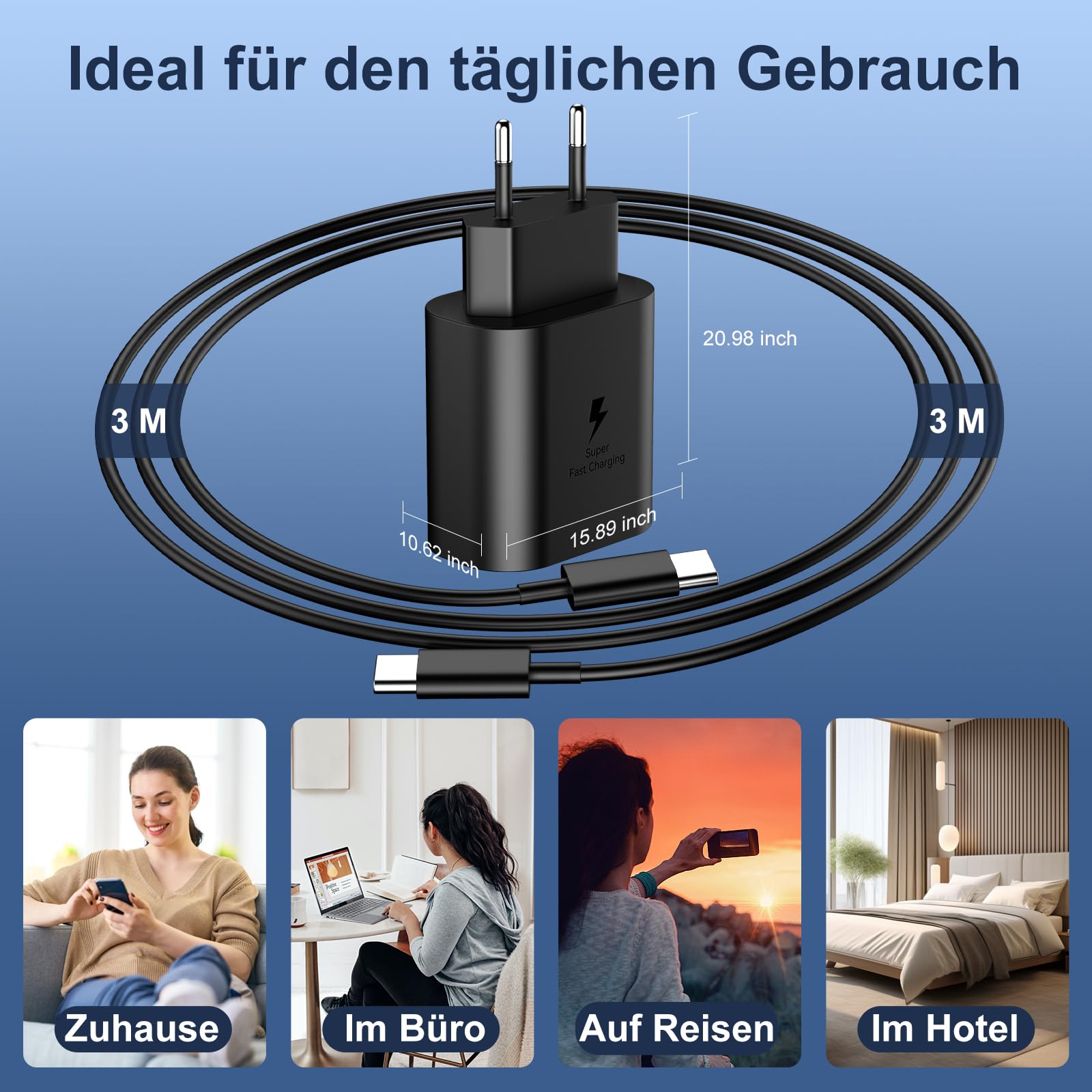USB C Ladegerät 2er-Pack 25W Schnellladegerät Netzteil Ladekabel Type C Schnellladekabel Handy Stecker Adapter für Samsung Galaxy S26 /S25/S24/S23/S22/S21/S20/S10/iPhone 17 16 15 Pro Max Air 3M