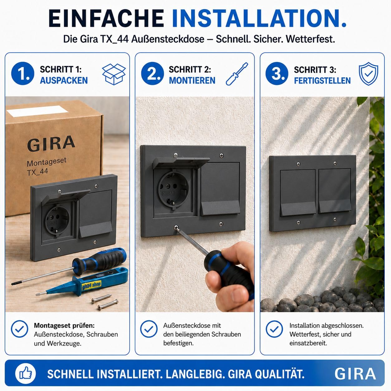 Gira TX 44 Außensteckdose 2-fach anthrazit IP44 mit Rahmen Dichtungsflansch Montageset Spannungsprüfer wetterfeste Unterputz Steckdose für Garten Terrasse Balkon Garage