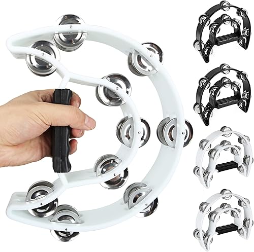 Miniatura 6 de Paquete de 4 panderetas de mano de media luna de 10 pulgadas, panderetas de metal de doble fila para iglesia de adultos, instrumentos musicales de