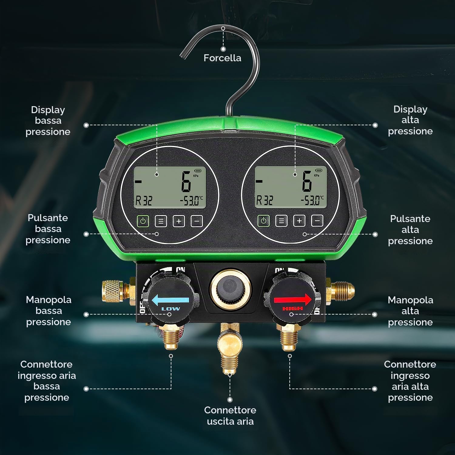 Bonvoisin HVAC Kit Manometro Digitale, 90 Tipi di Dati di Refrigerazione, Schermo Doppio, con Tubi Refrigeranti, per La Prova di Mantenimento del Frigorifero del Condizionatore d'Aria | Manometro Digitale Per Refrigerante a 3 Modalità, Database 90 Refrige