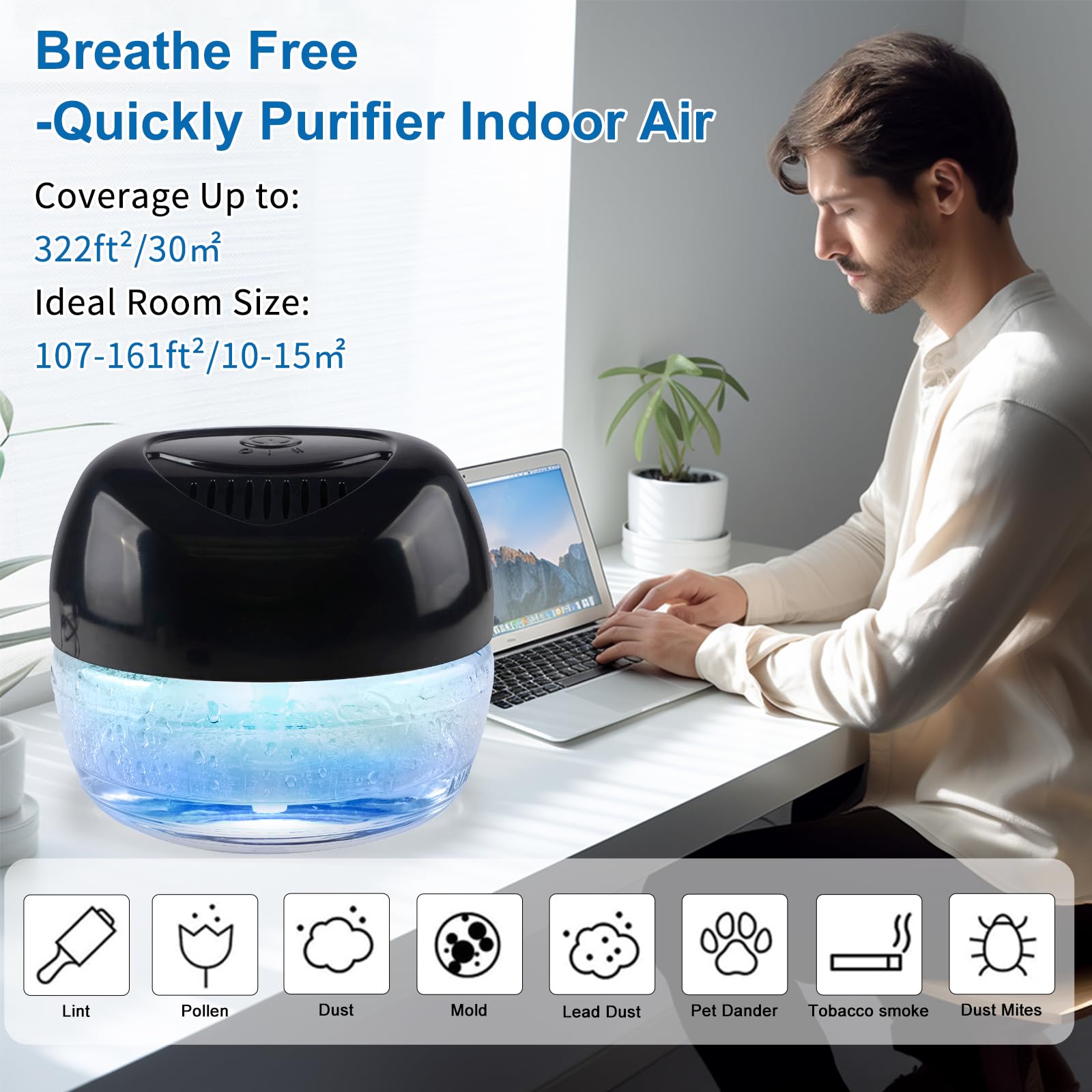 Purificador de aire para lavador, difusor de aroma más fresco para el hogar, oficina, purificador de aire con luz nocturna (negro) 8