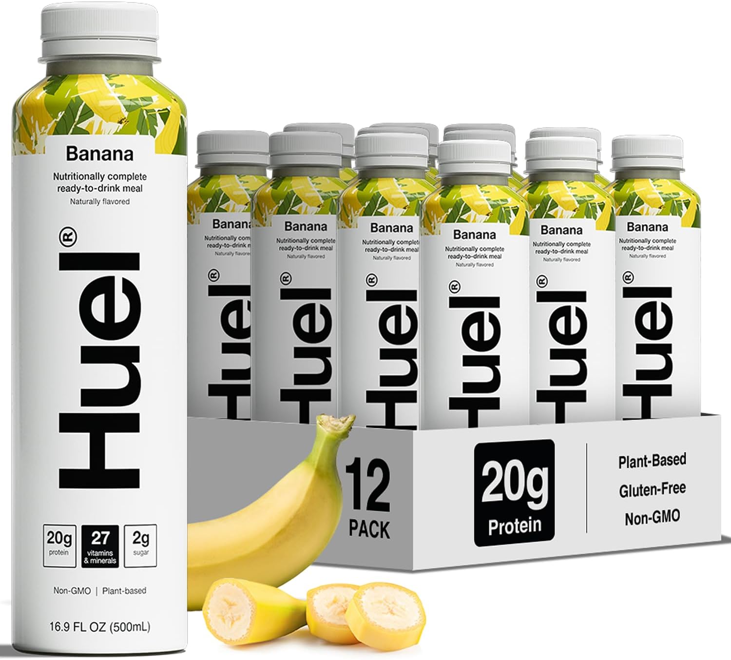 Huel Ready-to-Drink | Banana Meal Replacement Drink | High Protein Drink | Nutritionally Complete, Low Sugar, High Fiber, Plant Based, Vegan, Healthy | 20g Protein Per Bottle, 16.9 Fl Oz (12 Pack)