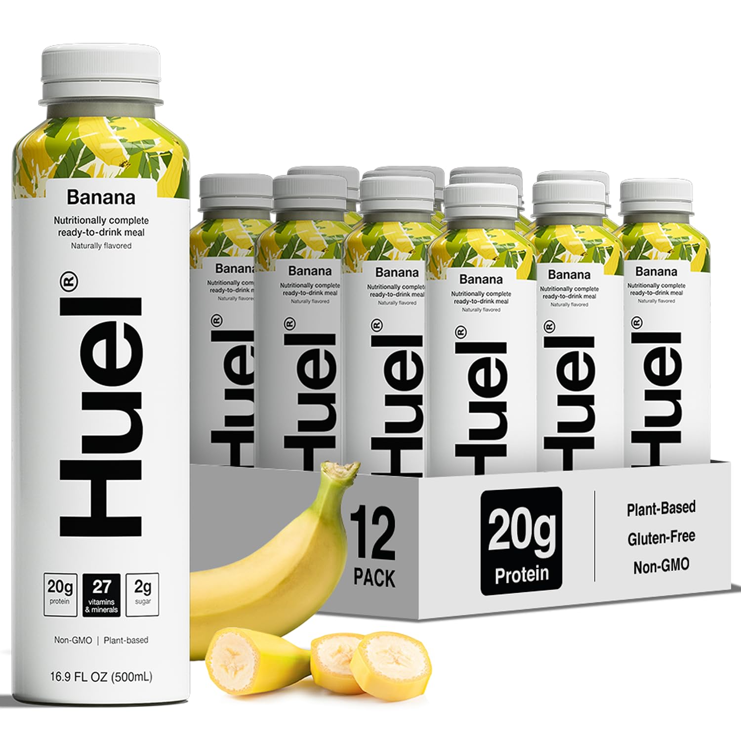 Huel Ready-to-Drink | Banana Meal Replacement Drink | High Protein Drink | Nutritionally Complete, Low Sugar, High Fiber, Plant Based, Vegan, Healthy | 20g Protein Per Bottle, 16.9 Fl Oz (12 Pack)