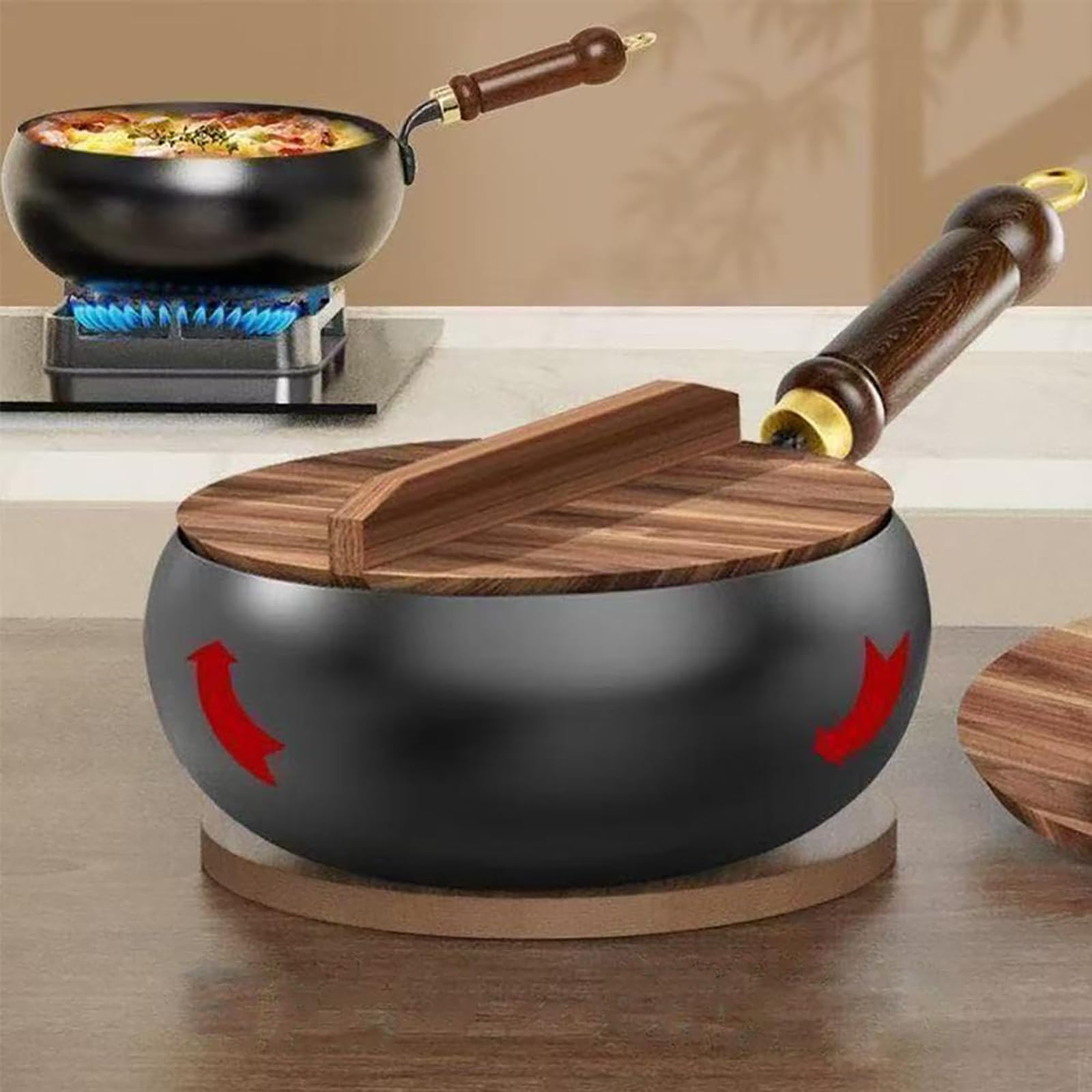 REGAPOG Poêle en Fonte Wok Chinois Grand Ventre - Poêles en Fonte et Poêle en Fer, Diamètre 28cm, Fabriquée Artisanale sans Revêtement, Poignée en Bois Naturel pour Cuisson Authentique