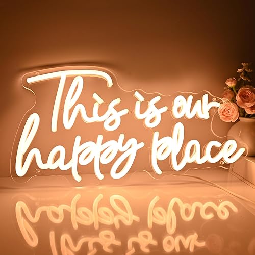 Miniatura 10 de Planzo Letrero de pared de neón con texto en inglés This is Our Happy Place para boda, fiesta, hogar, bar, decoración de dormitorio infantil, regalo
