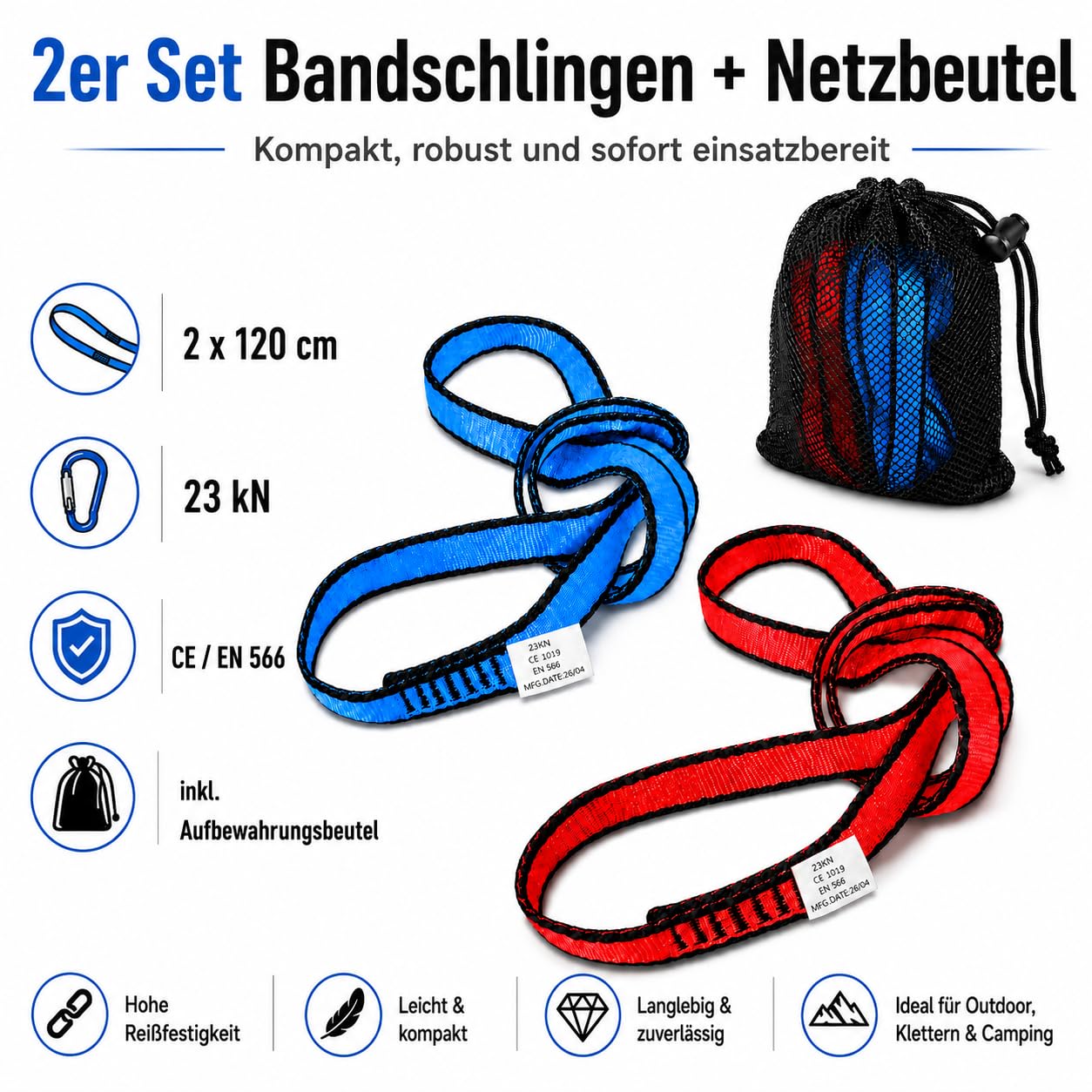 LETTO & TAILOR Lot de 2 sangles d'escalade 23KN | Sangle d'escalade 19 mm | Certifié CE | Sangle en nylon pour yoga, construction de stands, sauvetage | Avec sac en filet