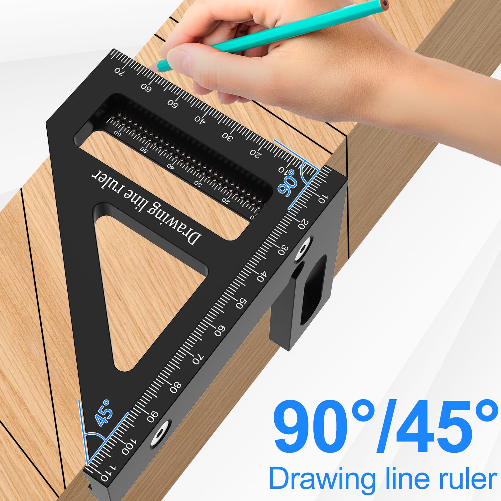 3D Multi-Angle Measuring Ruler,45/90° Woodworking Square Protractor,Aluminum Alloy Miter Triangle Ruler,Precise Layout Measuring Tool with Spanner,Woodworking Ruler Angle Finder for Carpenter (Black)