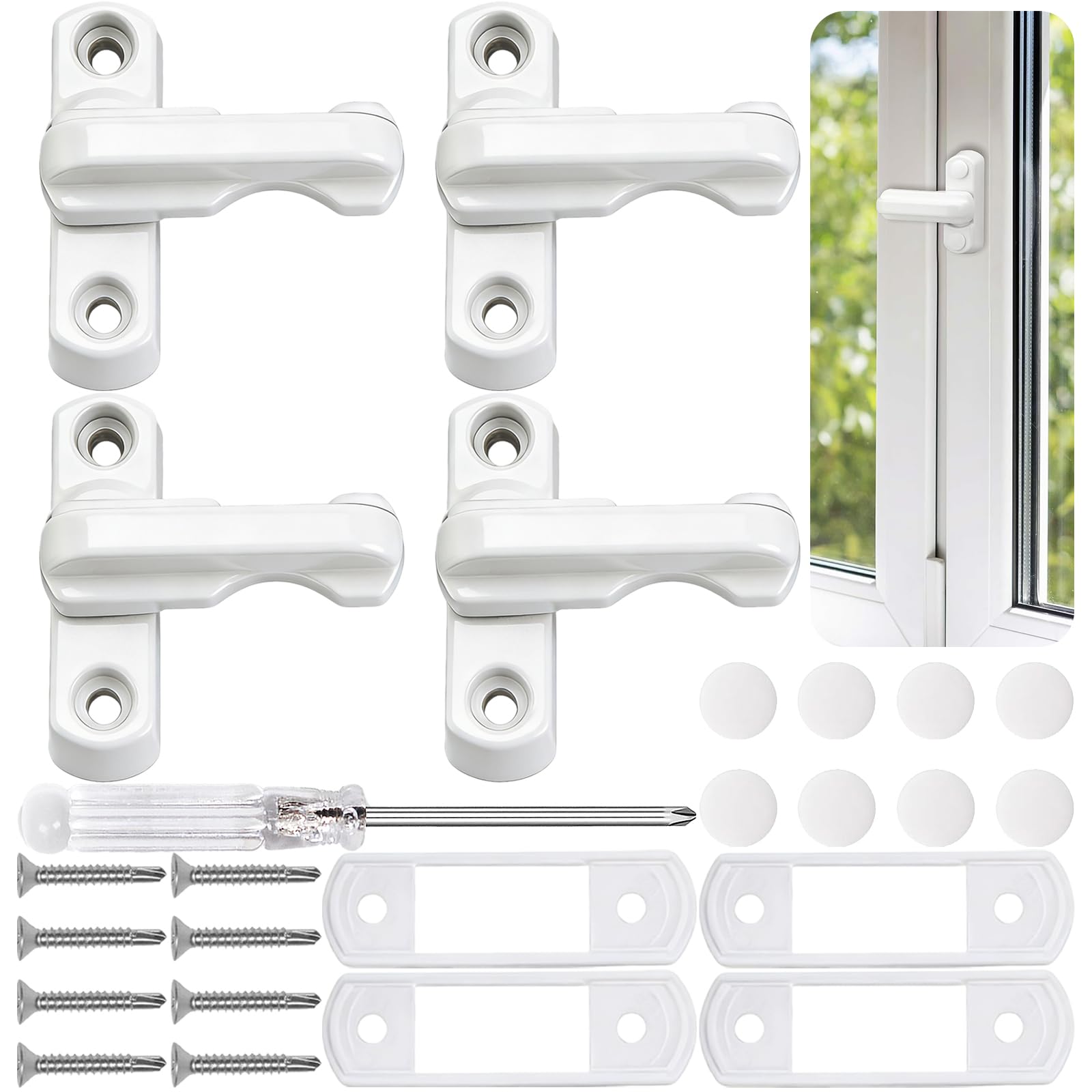 4 Pack Zinc Alloy Sash Jammers,Heavy-Duty Sash Lock,180° Rotatable Window Lock for Home Security,Fits uPVC Windows、Doors & Skylights, with 2 Metal Spacers, 4 Screws and 1 Screwdriver（White） (4, White)
