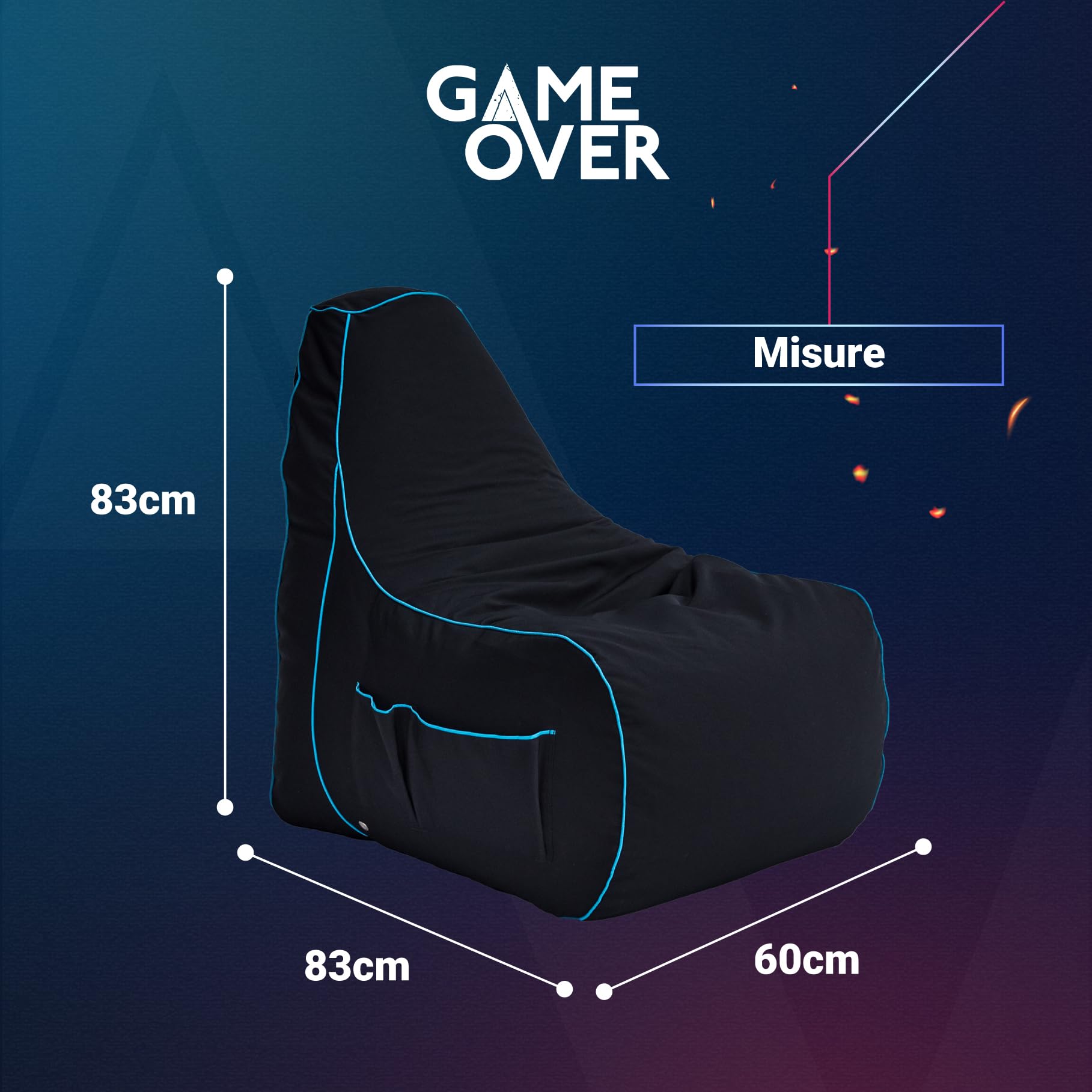 Game Over Poltrona Gaming BeanBag 83x60cm, Resistente all'acqua, Pouf per Interni con Tasche Laterali per i Controller, Comodo Pouf Puff (Lich Blade)