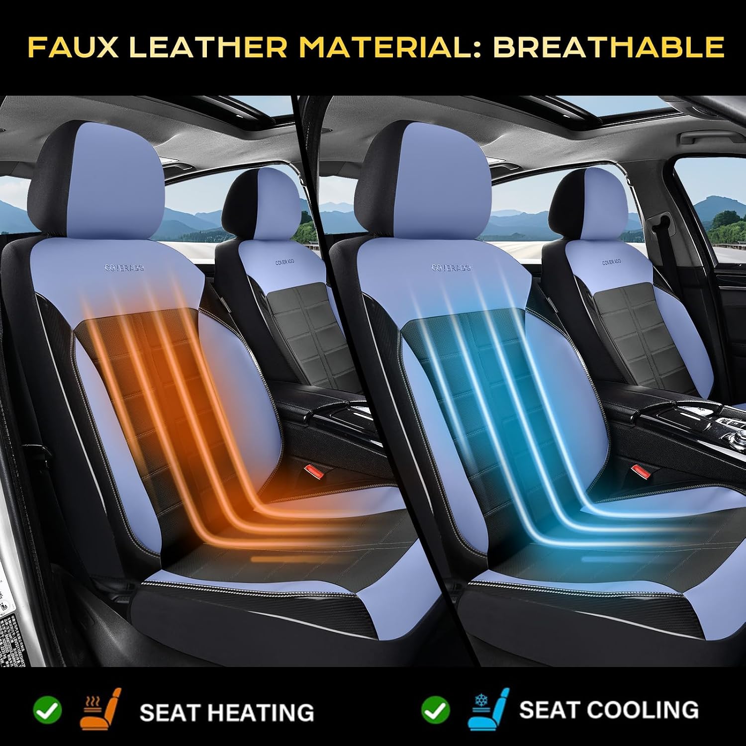 Coverado Leather Seat Covers Full Set Automotive Front and Back Seat Covers Waterproof Car Seat Cushion Protector Universal Fit for Most Cars SUV Trucks, Blue&Black