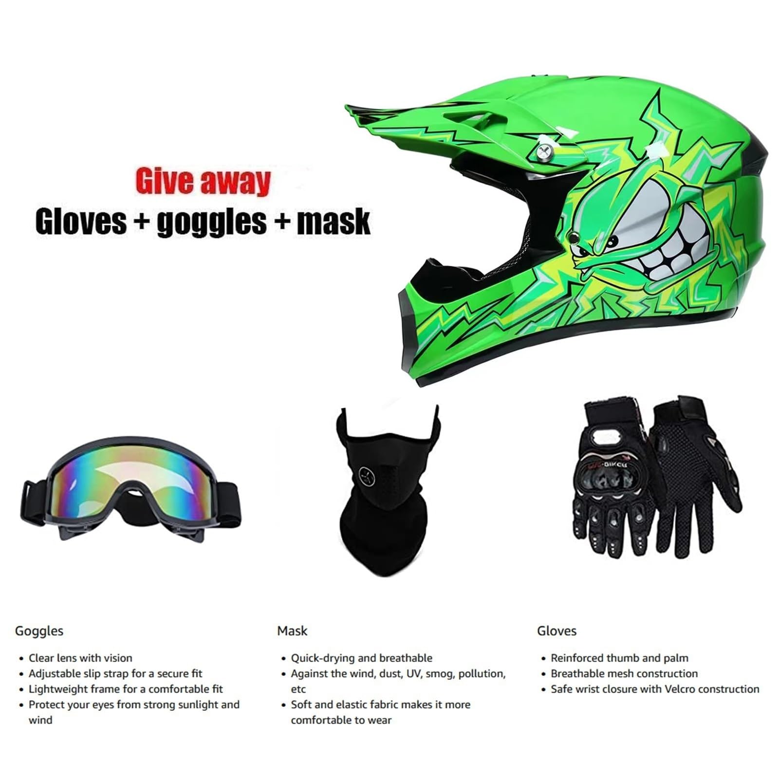 Casco da motocross, per bambini, Fullface MTB, per giovani, adulti, motocross, dirt, offroad, moto, scooter, sci, ATV, mountain bike, BMX, downhill off, con guanti