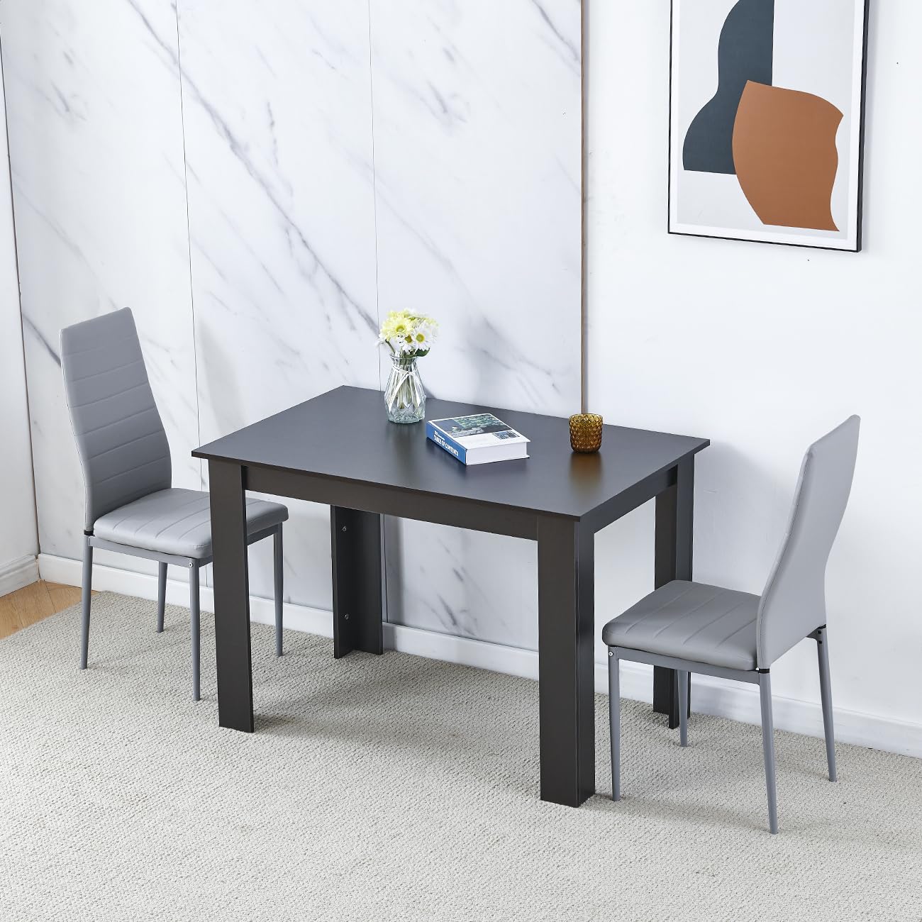 NICEME Dining Room Set for 4, Compact Small Dining Table and 4 Chairs for Small Room Space Saving (Grey Table 4 Seaters, Faux Leather Grey)