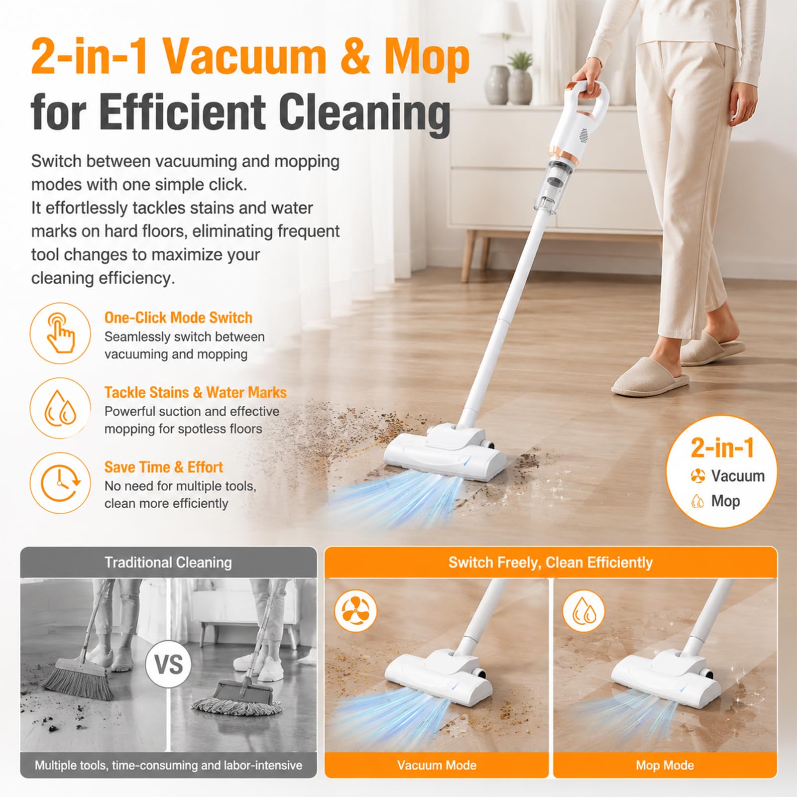 Aspirateur Balai sans Fil, 2 en 1 de la Main Rechargeable silencieuse Aspirateur, Aspirateur Sec Humide sans Fil, avec Pinceau au Sol pour Tapis, Sols Durs, Poils d'animaux, Bleu