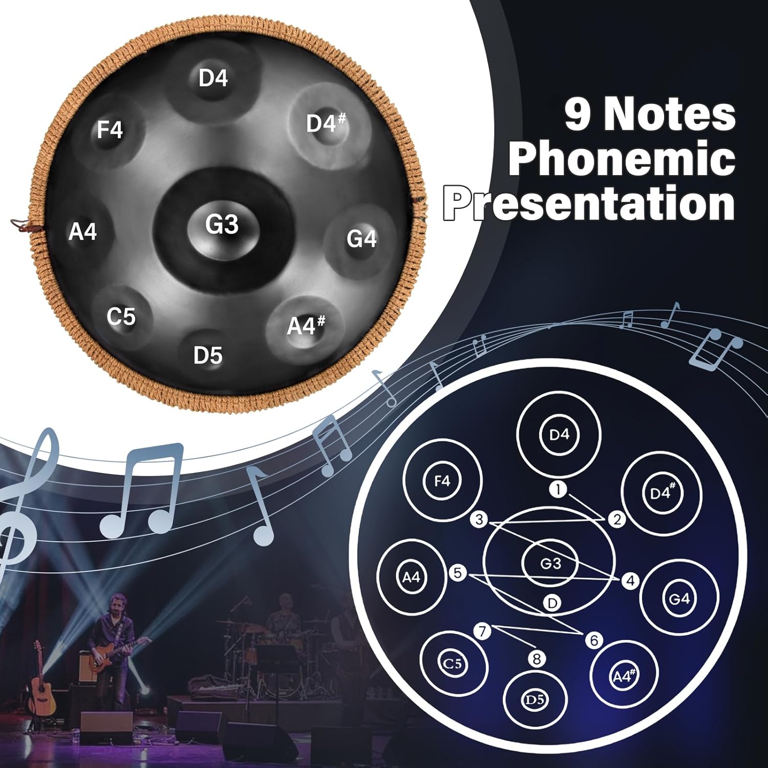 18 Inches G Minor Kurd Handpan Drum,440Hz 9 Notes Hand Drum Instrument,Premium Steel Hand,Handpan Instrument for Adults, Pan with Storage Bag,Mallet,Braid,Stand,Black