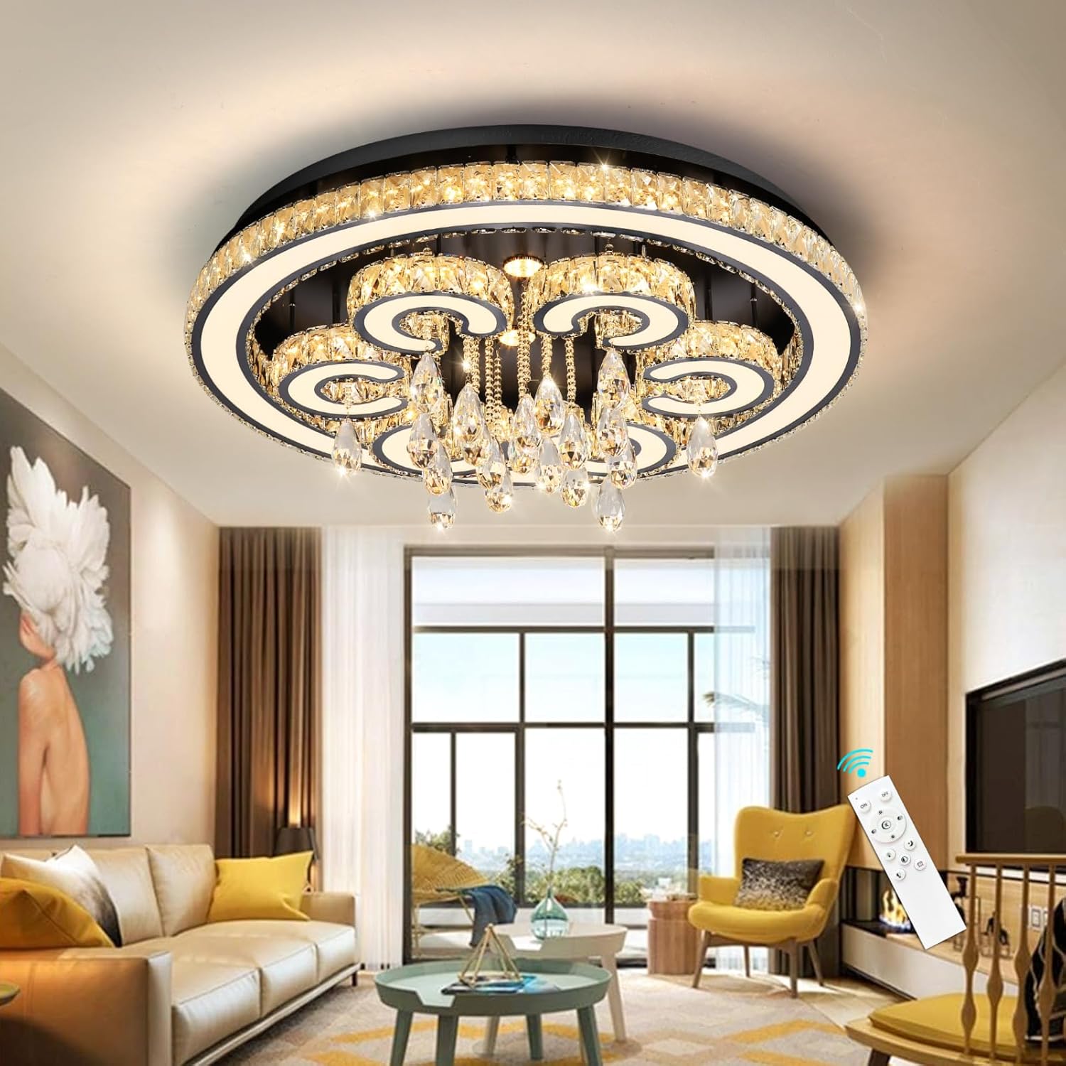 32 Inch Glam Chandelier Modern Crystal Luxury Interior Ceiling Light Fixture Remote Dimmable LED Lighting Fixtures for Dining Room Bedroom Living Room Black Light