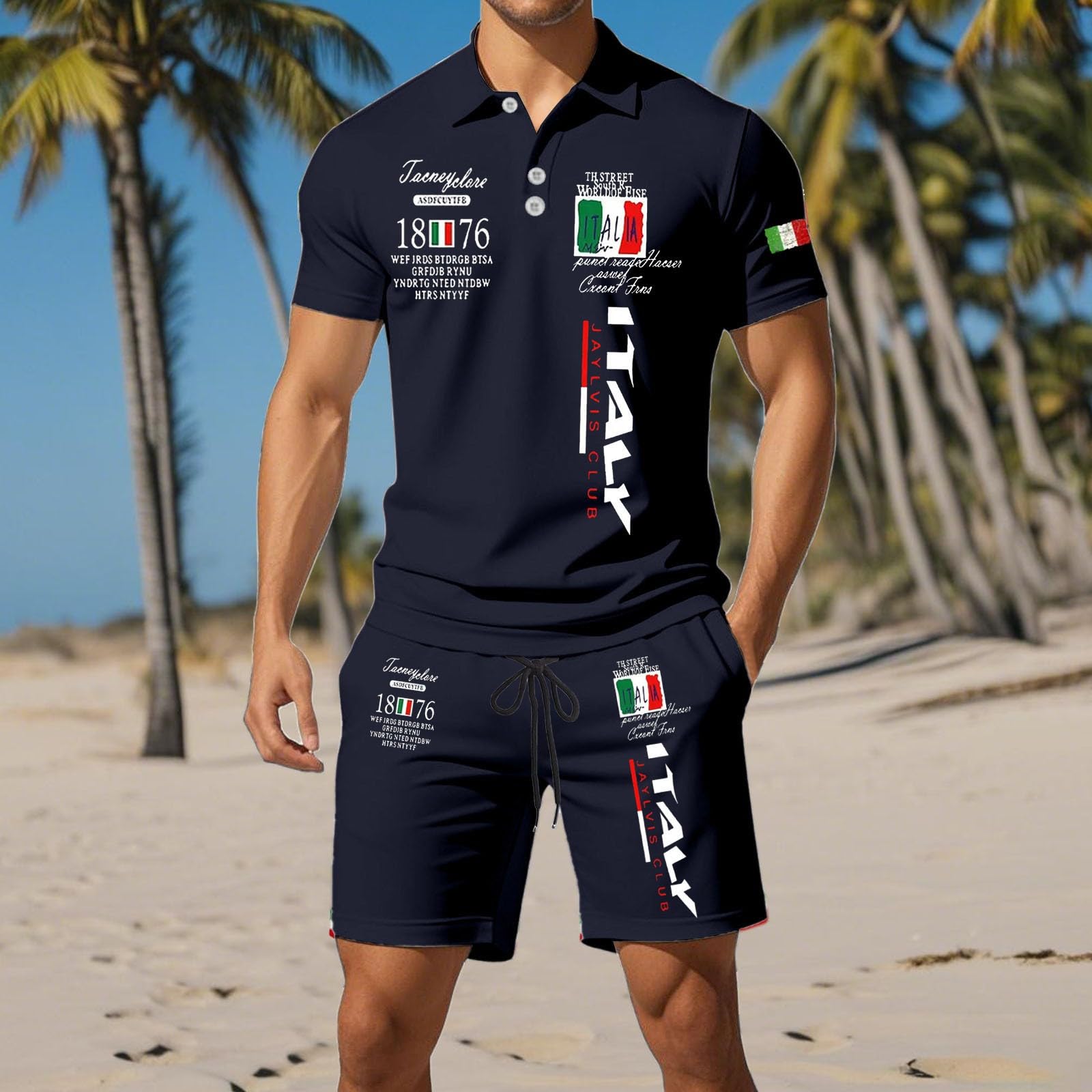 Herren Trainingsanzug 2 Teiler Italien Flagge Aufdruck Fußball Trikot Streetwear Sommer mit Shorts und Poloemd Set Jogginganzug Atmungsaktiv Dünn Sportanzug für Haushalt Sport Und Urlaub