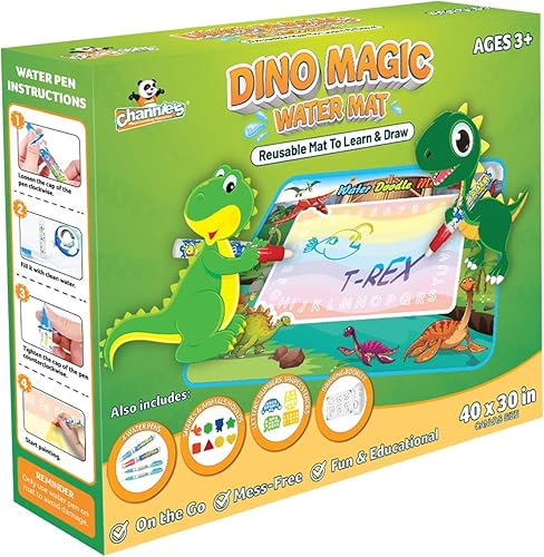 Channie's Alfombrilla de agua reutilizable de dinosaurio mágica para niños de 3 años en adelante, tapete de dibujo acuático con bolígrafos de agua,